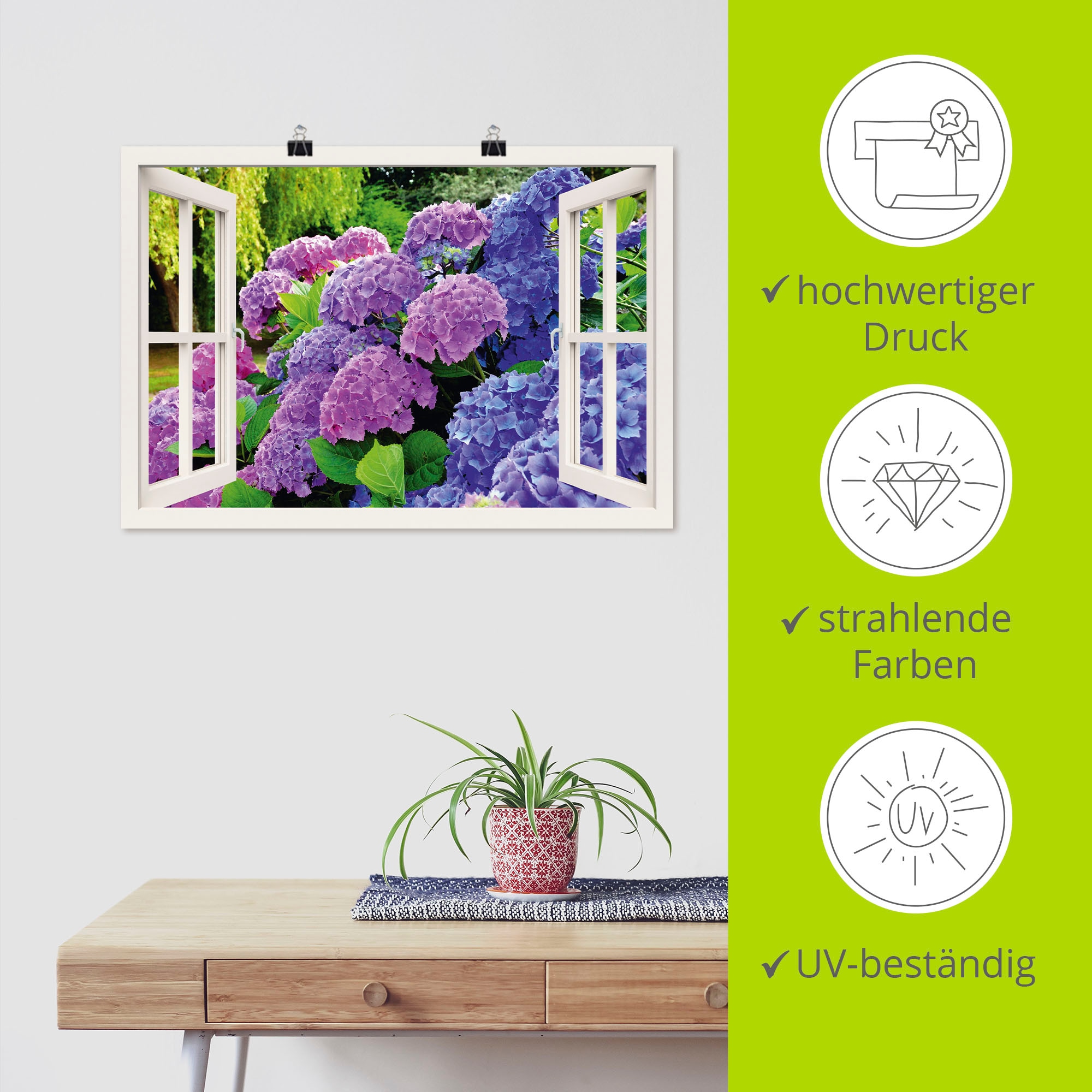 Artland Wandbild »Fensterblick Hortensien im Garten«, Blumen, (1 St.), als Leinwandbild, Poster in verschied. Größen