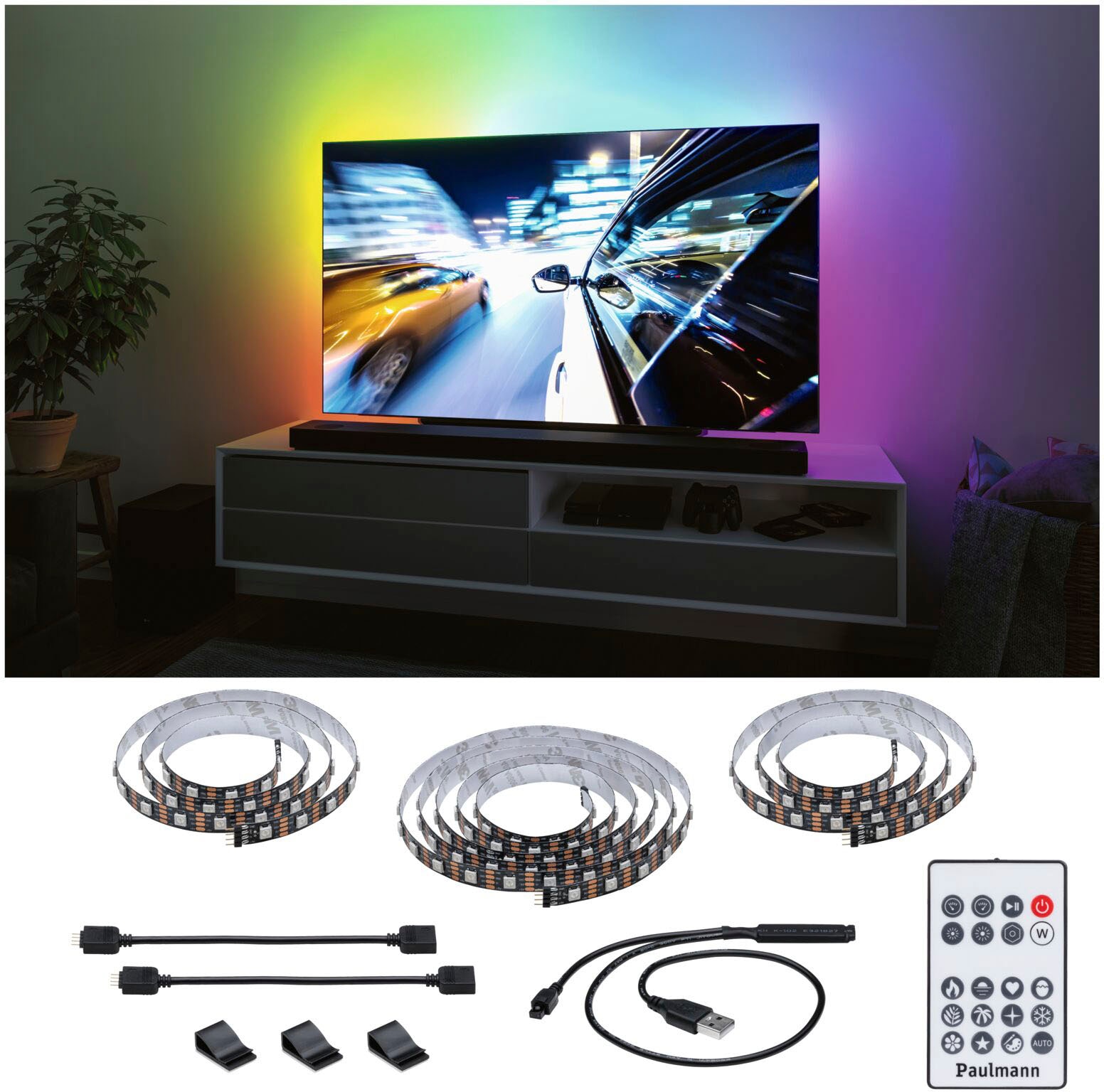 Paulmann LED-Streifen »USB LED Strip TV-Beleuchtung 75 Zoll 3,1m Dynamic Rainbow RGB 5W«, 1 St.-flammig