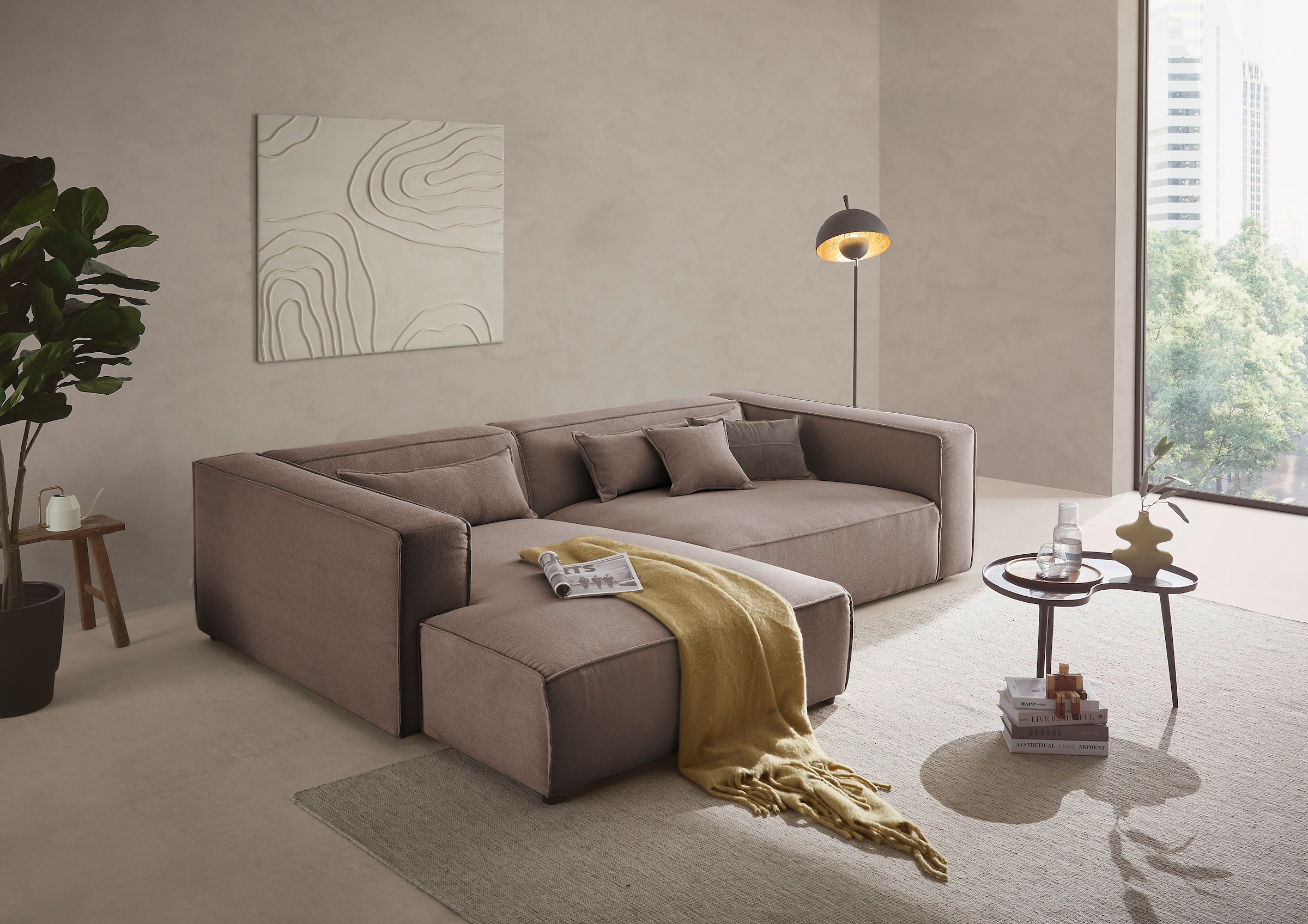 LeGer Home by Lena Gercke Ecksofa »PIARA XXL, Big-Sofa in Cord oder Leinenoptik, L-Form, mit Kedernaht«, wahlweise Ottomane rechts/links, schwarze Füße, extra tiefe Sitzfläche