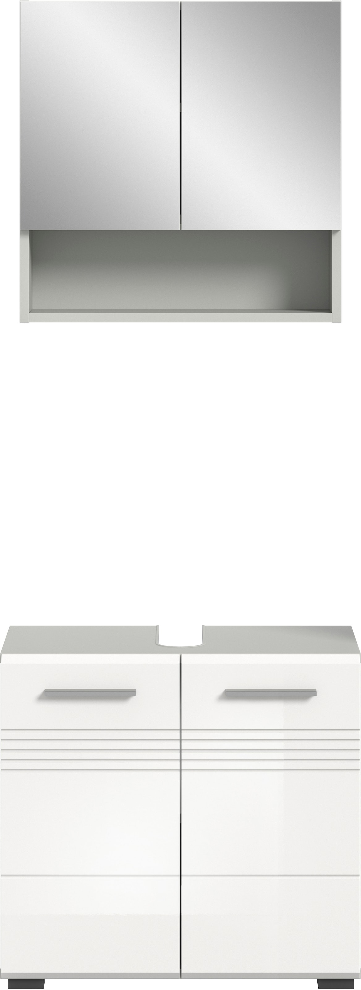 welltime Badmöbel-Set »Calicio, bestehend aus: Waschbeckenunterschrank, Spiegelschrank«, (2 St.), hochwertige MDF Front mit Rillenfräsung