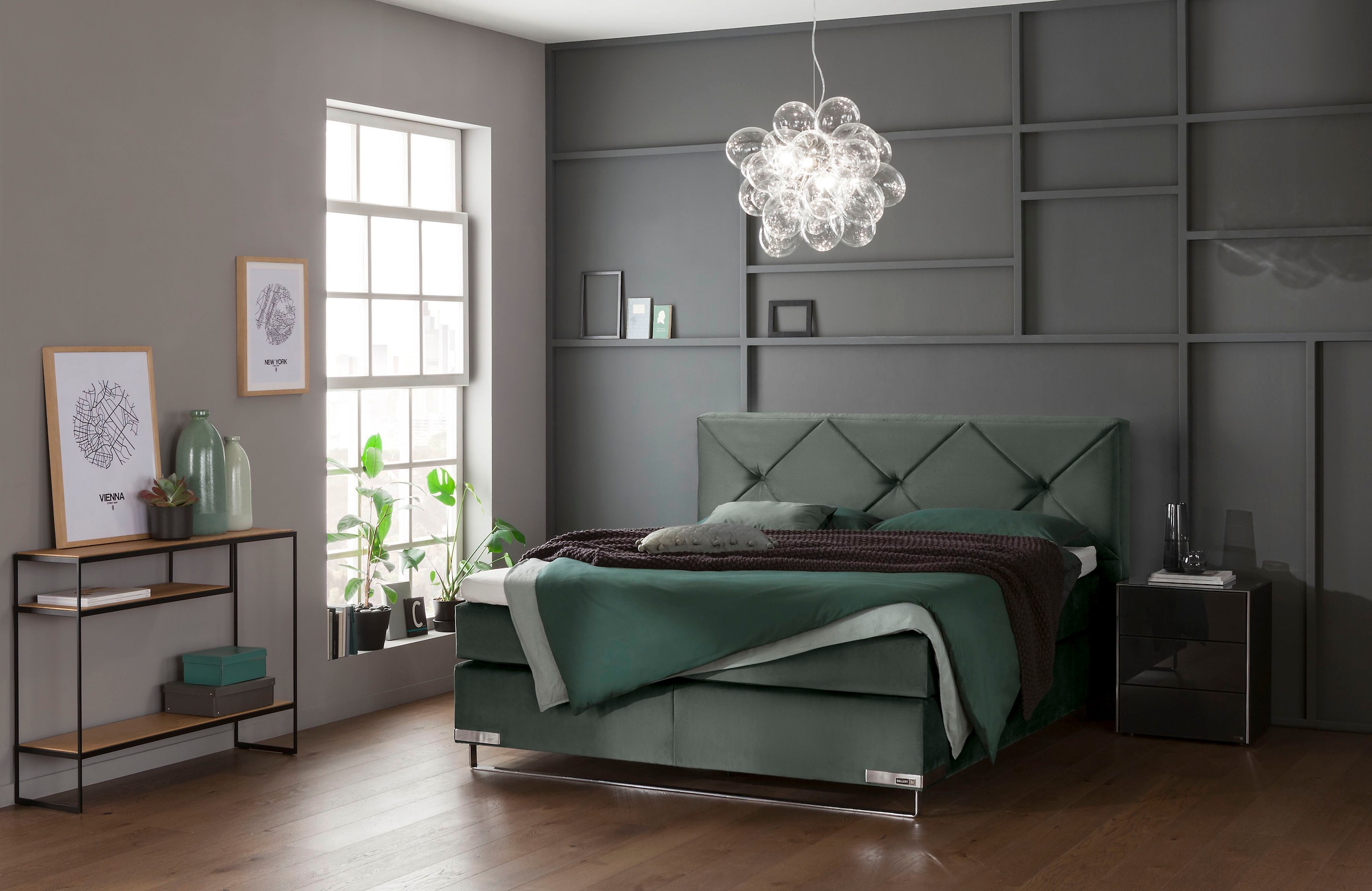 Musterring Boxspringbett »Dubai«, Kufe in Chrom, 3 Härtegrade, Kopfteil mit Knopfheftung