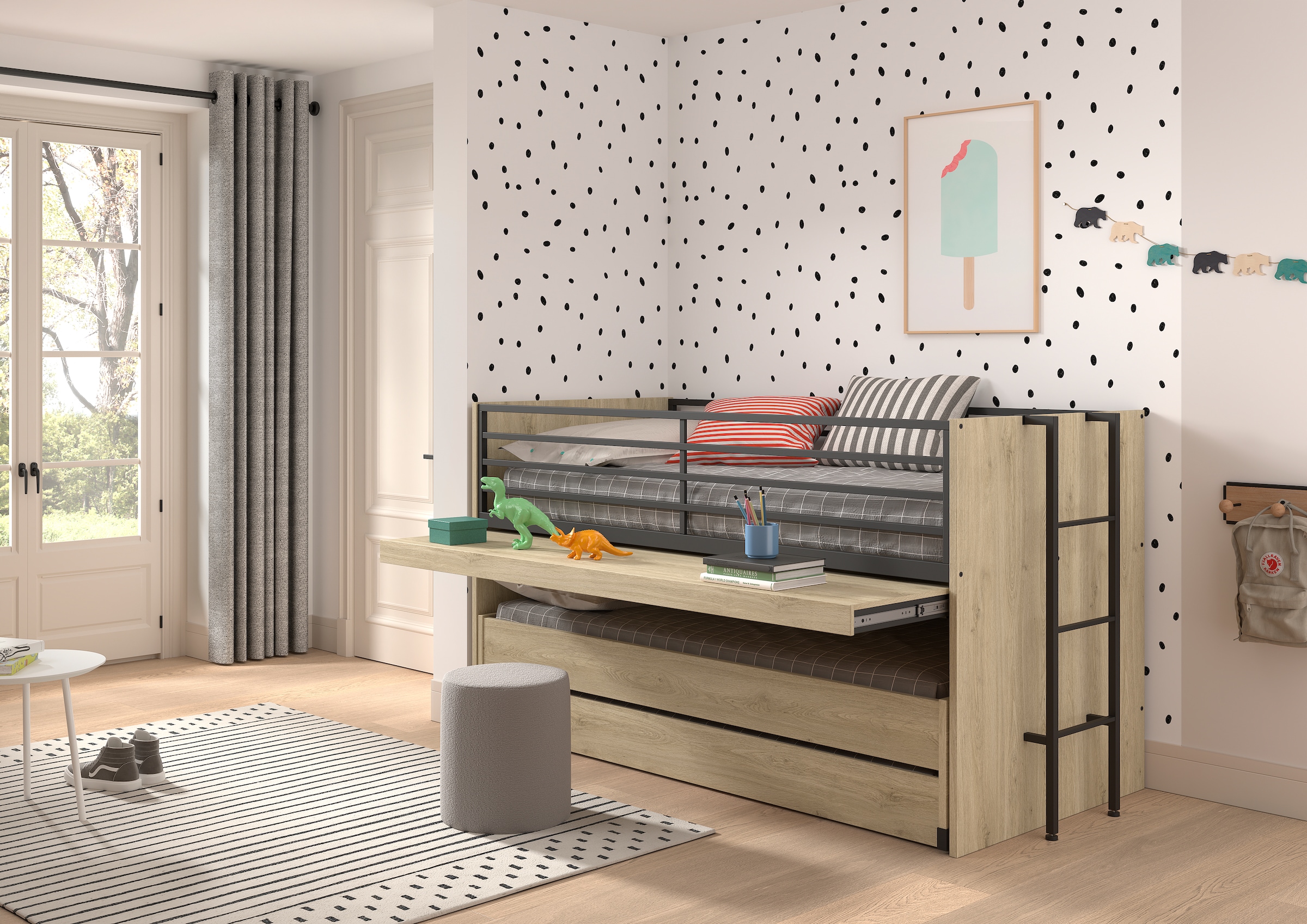 Home affaire Etagenbett »praktisches Etagenbett mit viel Funktion, 2 Dekore zur Wahl«, (B/H/T ca. 219x114x98cm, Metall Leiter und Absturzschutz in schwarz), für kleine Räume, 2 Liegefl., Bettschublade, inkl. Schreibtisch