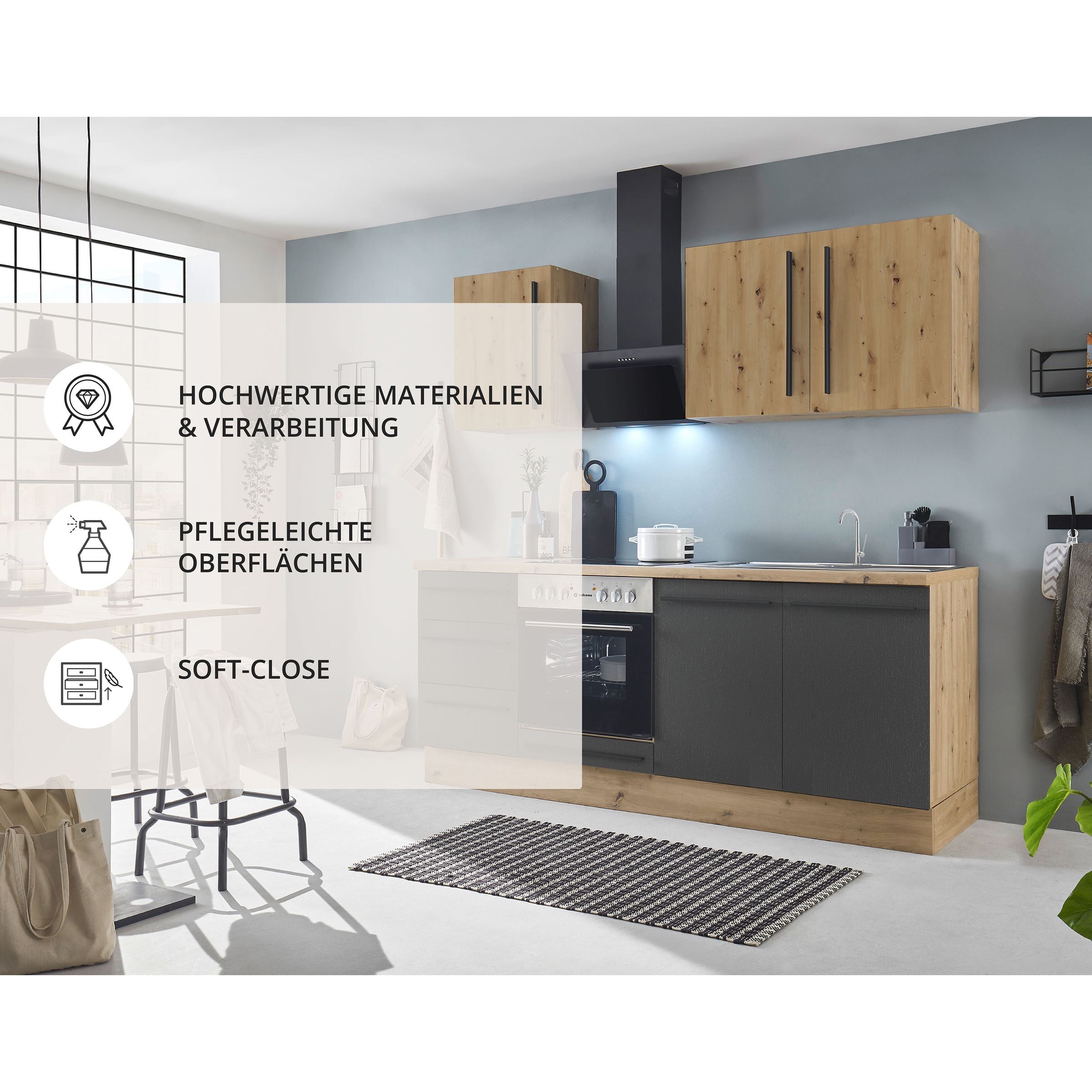 KOCHSTATION Küchenzeile »KS-Florida mit 38mm starker Arbeitsplatte«, Breite 210 cm, wahlweise mit E-Geräten, Soft-Close-Funktion