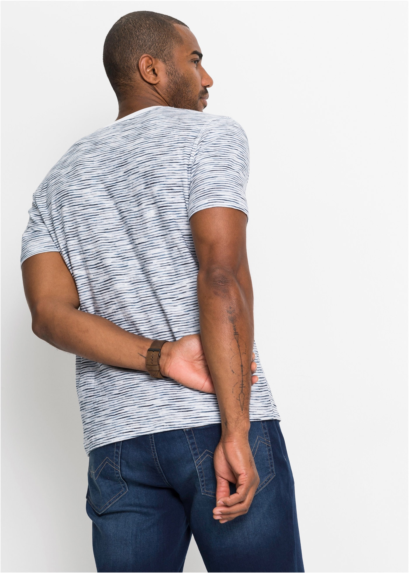 bonprix Henleyshirt Regular Fit, reine Baumwolle, cooler Streifendruck in Melange-Optik