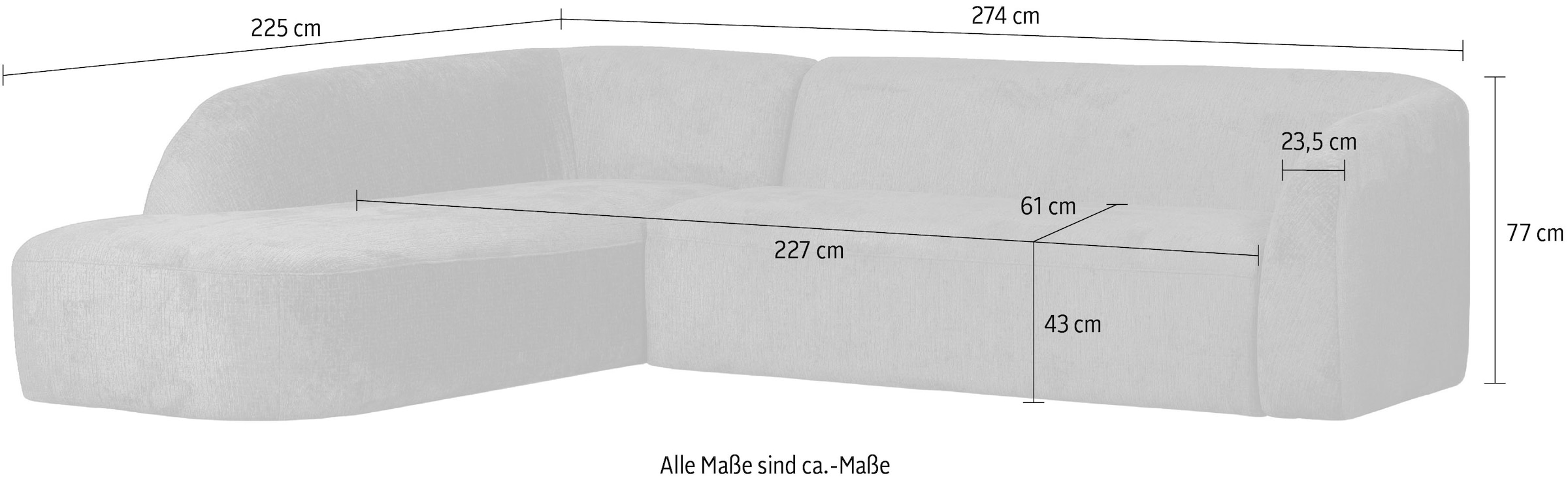 WOOOD Ecksofa »Sloping Bezug mit Zickzack-Federung, H 77 x B 274 x T 225/87 cm« Jacquard-Velvet, Tragkraft 250 kg, Ausgezeichnete Verschleißfestigkeit