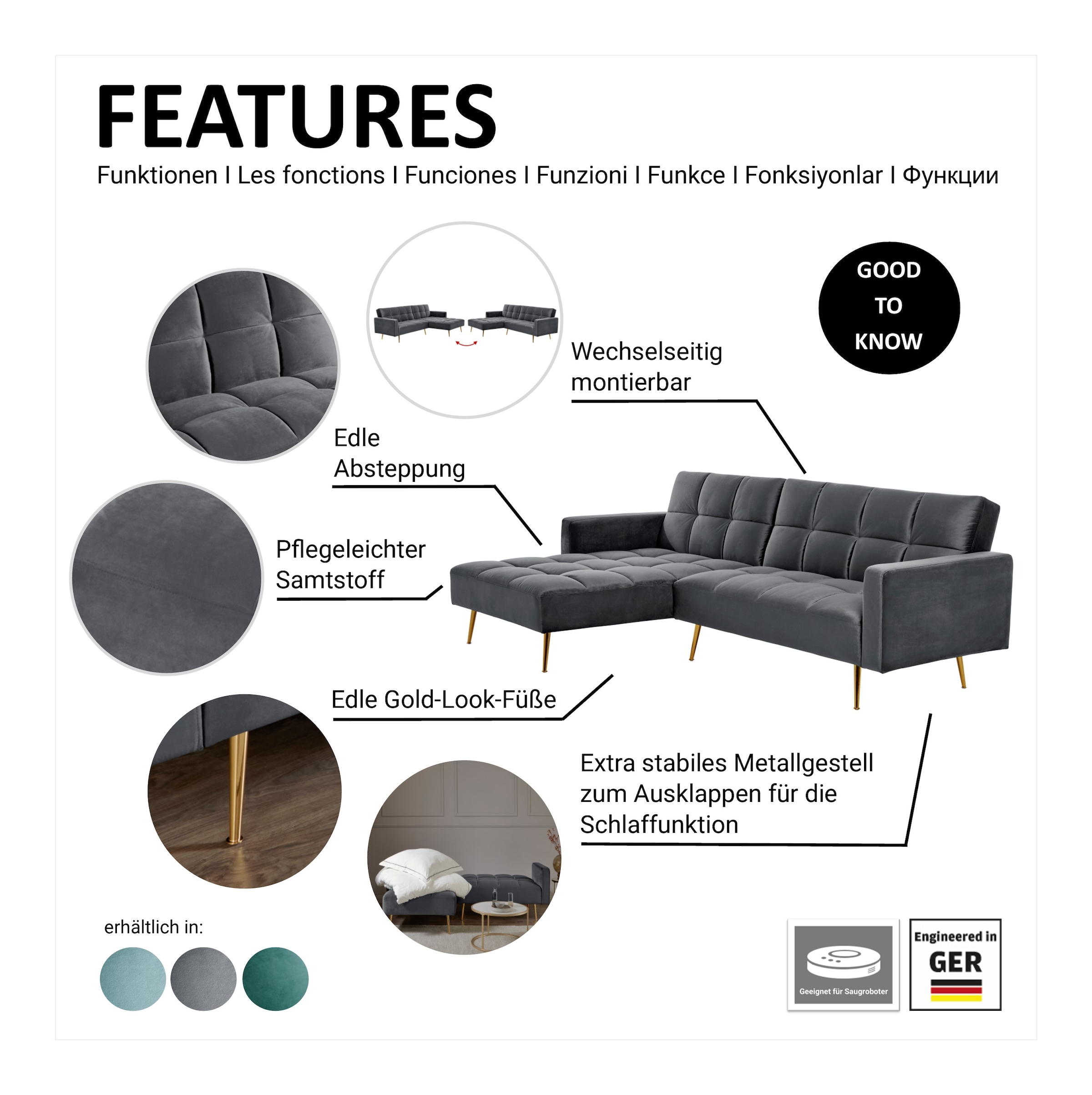 Jahnke Ecksofa »CHILLAX POSH CORNER« mit Schlaffunktion, wechselseitig montierbar, 244 x 150 cm