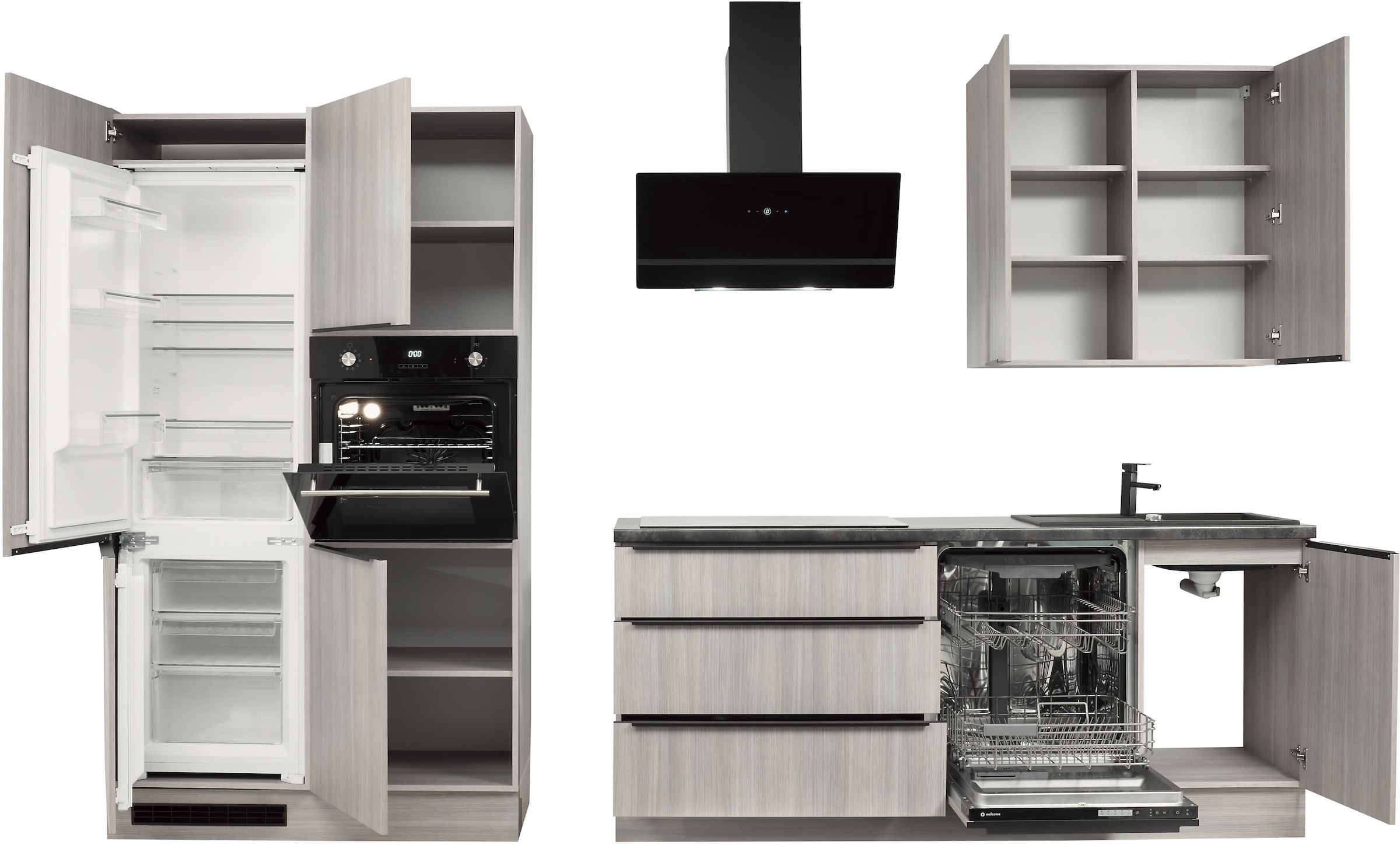BASIC by Balculina Küchenzeile »Landzeit BxHxT 320x240x60 cm«, Breite 320cm, wahlweise mit E-Geräten, Softclose, Metallschubkasten
