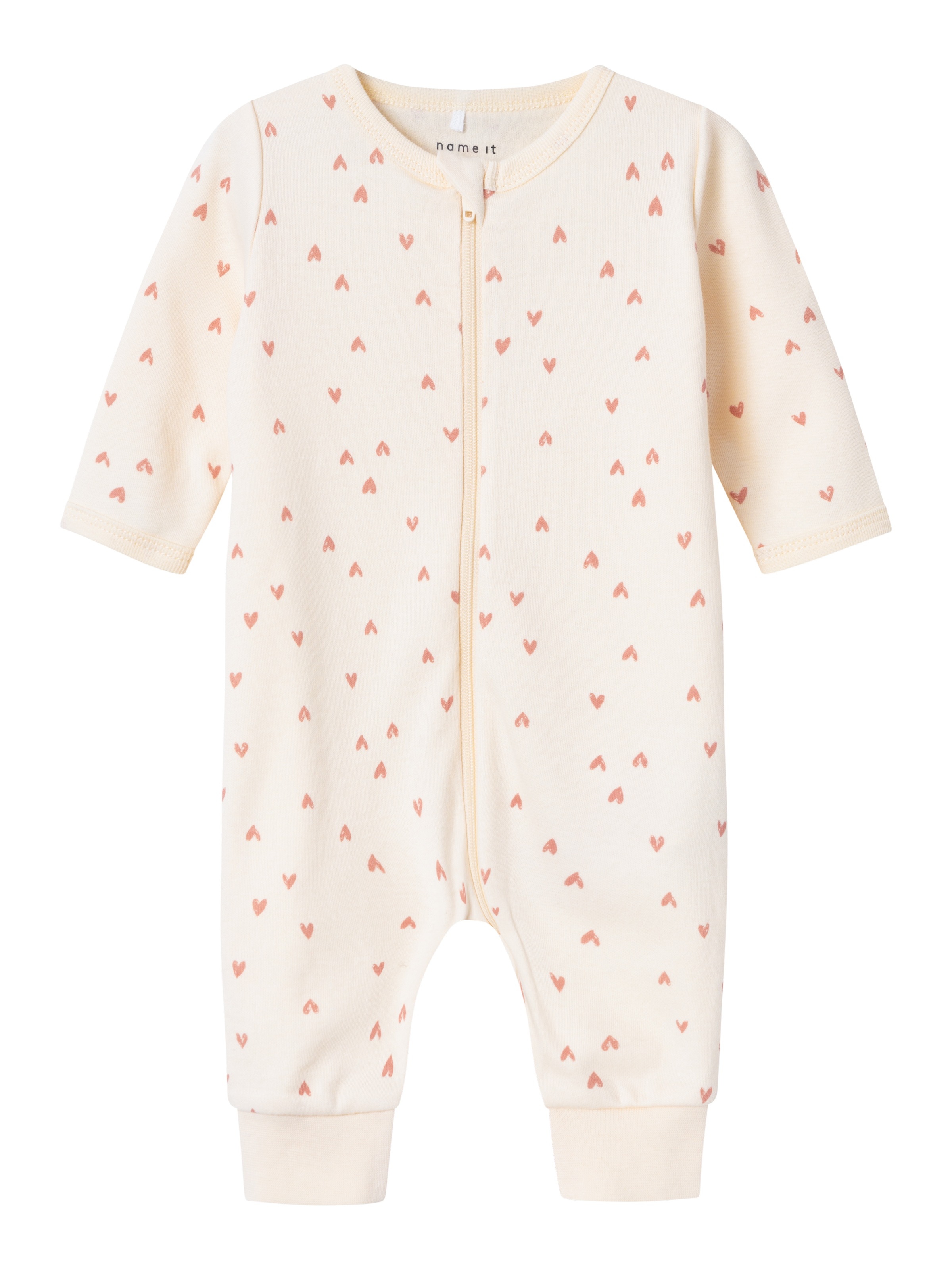 Name It Schlafanzug »NBFNIGHTSUIT ZIP BUTTERCREAM HEARTS NOOS« aus Baumwolle in Jersey-Qualität, Relaxed Fit, mit Reißverschluss