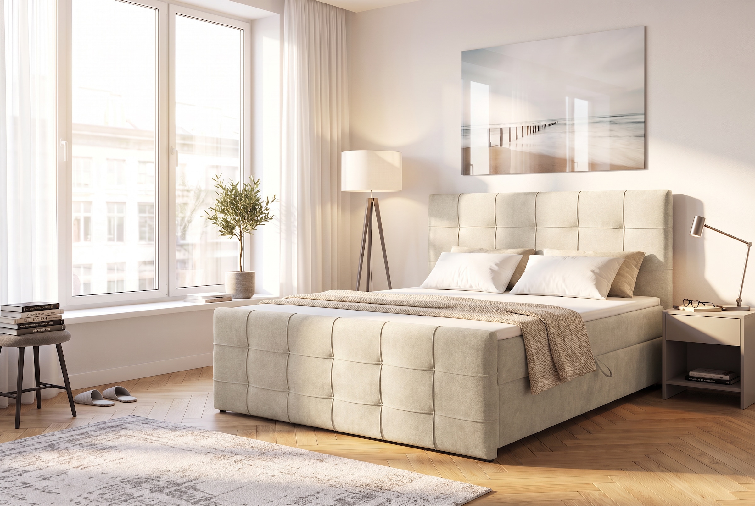 OTTO home Boxbett »LILIENNE, Polsterbett mit Bettkasten und Taschenfederkernmatratze H3« mit Kaltschaumtopper, Chenille-Bezug, 160x200 & 180x200 cm