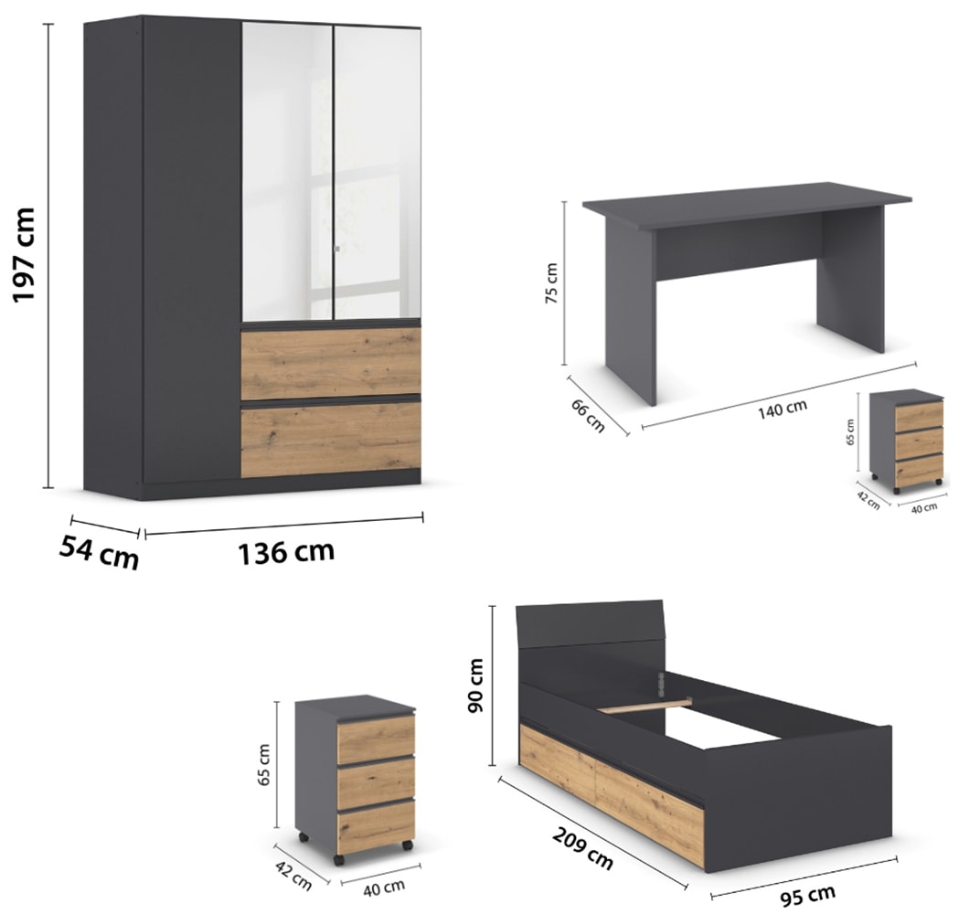 rauch Jugendzimmer-Set »Komplettzimmer Schlafzimmer-Set (5-St.) Jugendzimmer-Set JOEL« Set, Bett 90x200 oder 140x200 cm, Ausstattungspakete BASIC/CLASSIC/PREMIUM, 5 Stk. tlg.