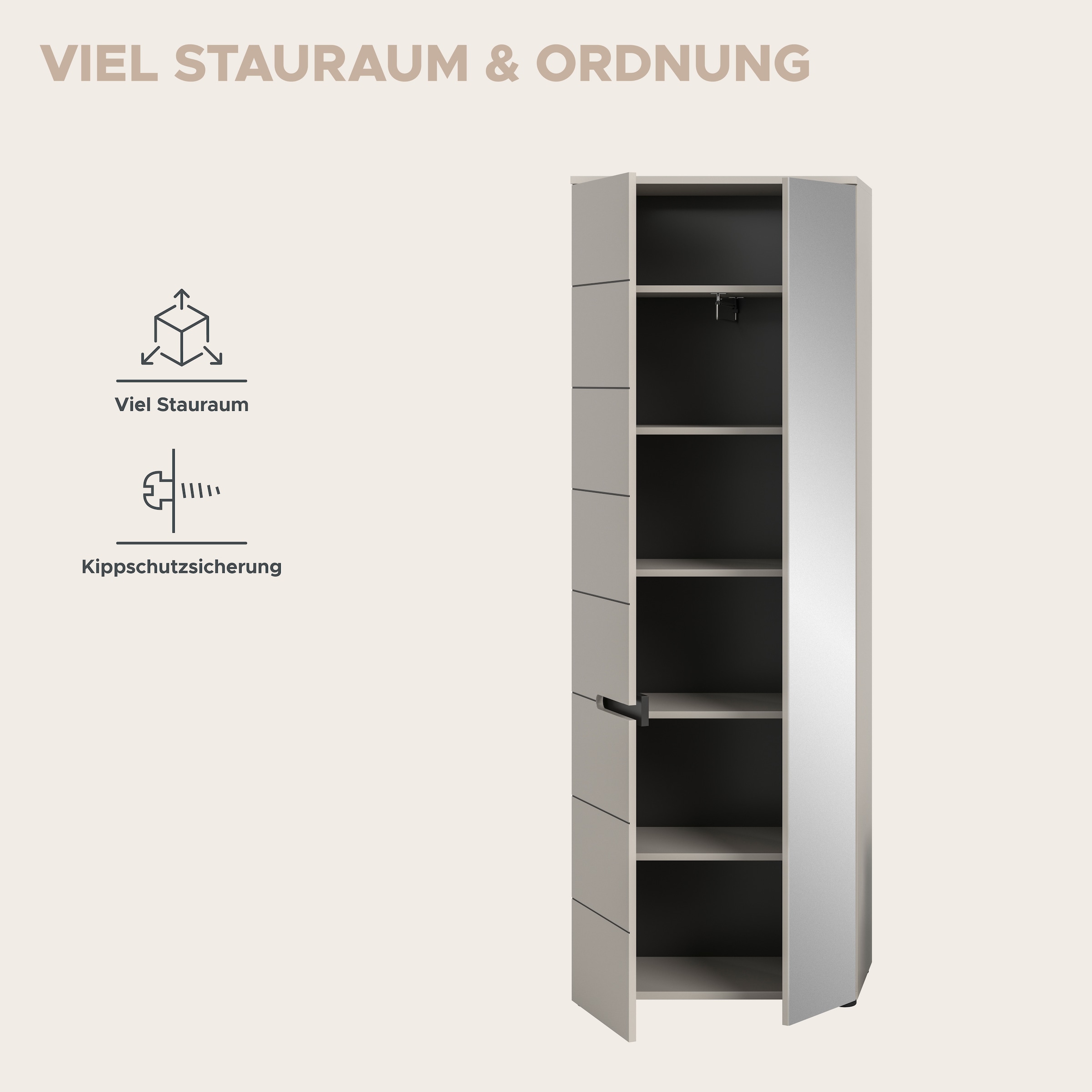 Home affaire Garderobenschrank »REHAT, TOPSELLER!, Höhe 190cm, 2 Türen, 6 Fächer, 1 Kleiderstange« in verschiedenen Farben erhältlich, 1 Stk. tlg. Garderobe, Flurschrank, Dielenschrank, Kleiderschrank, Garderobenmöbel