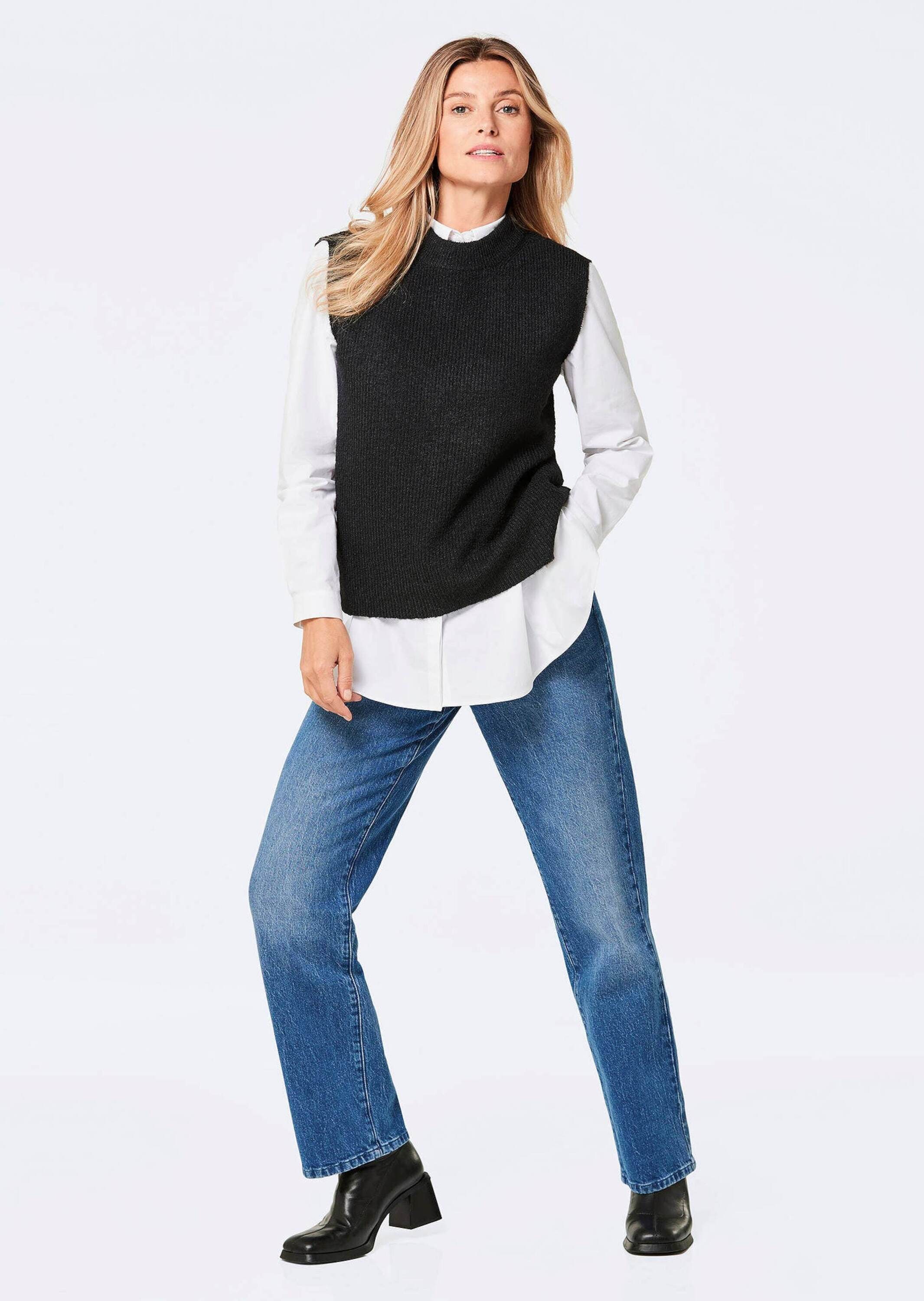 GOLDNER Rundhalspullover »Kurzgröße Edler Rippstrick Pullunder, Stehkragen« Leicht überschnittene Schulter