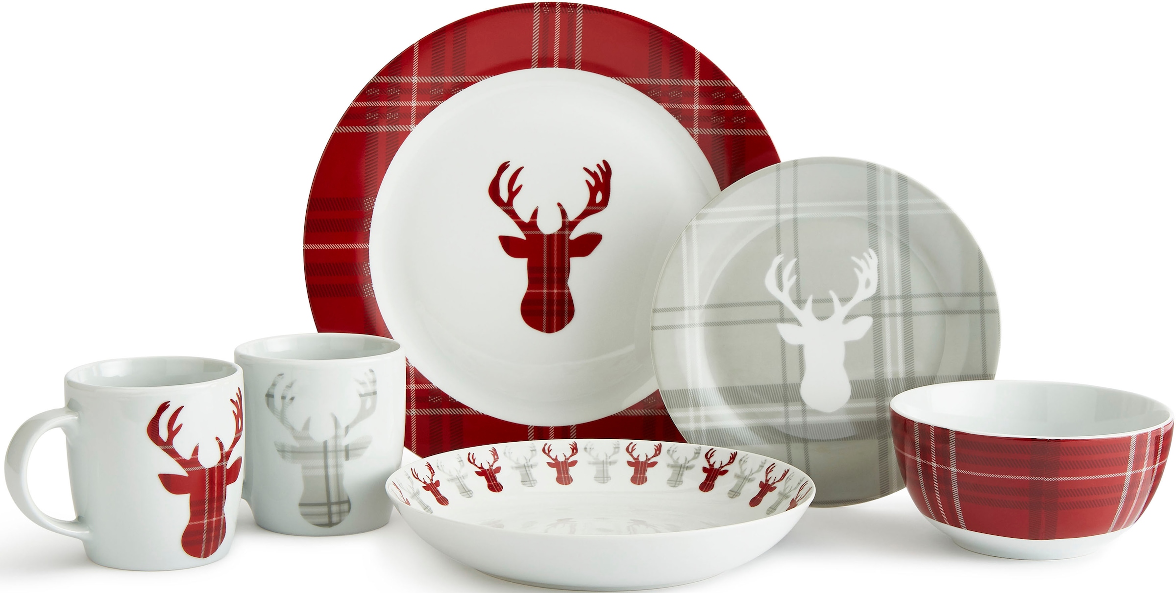 Retsch Arzberg Kombiservice »Geschirr-Set, Service HIGHLAND STAG, Winter, Advent, Weihnachten« Hirsch trifft Schottenkaro, 30 Teile, für 6 Personen