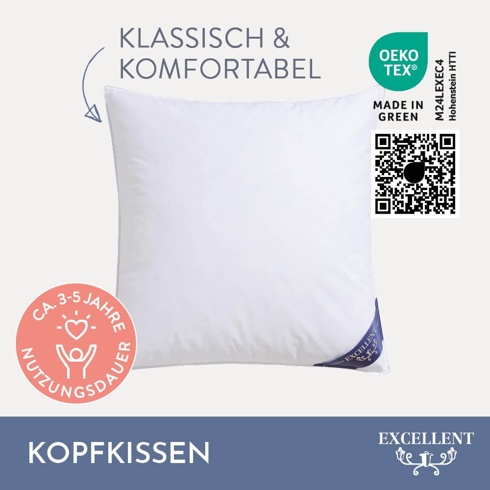 Excellent Federkopfkissen »Zürich, Kopfkissen in 40x80 und 80x80«, Füllung: 70% Federn, 30% Daunen, Bezug: 100% Baumwolle, (1 St.), allergikerfreundliches Kissen mit Daunenanteil