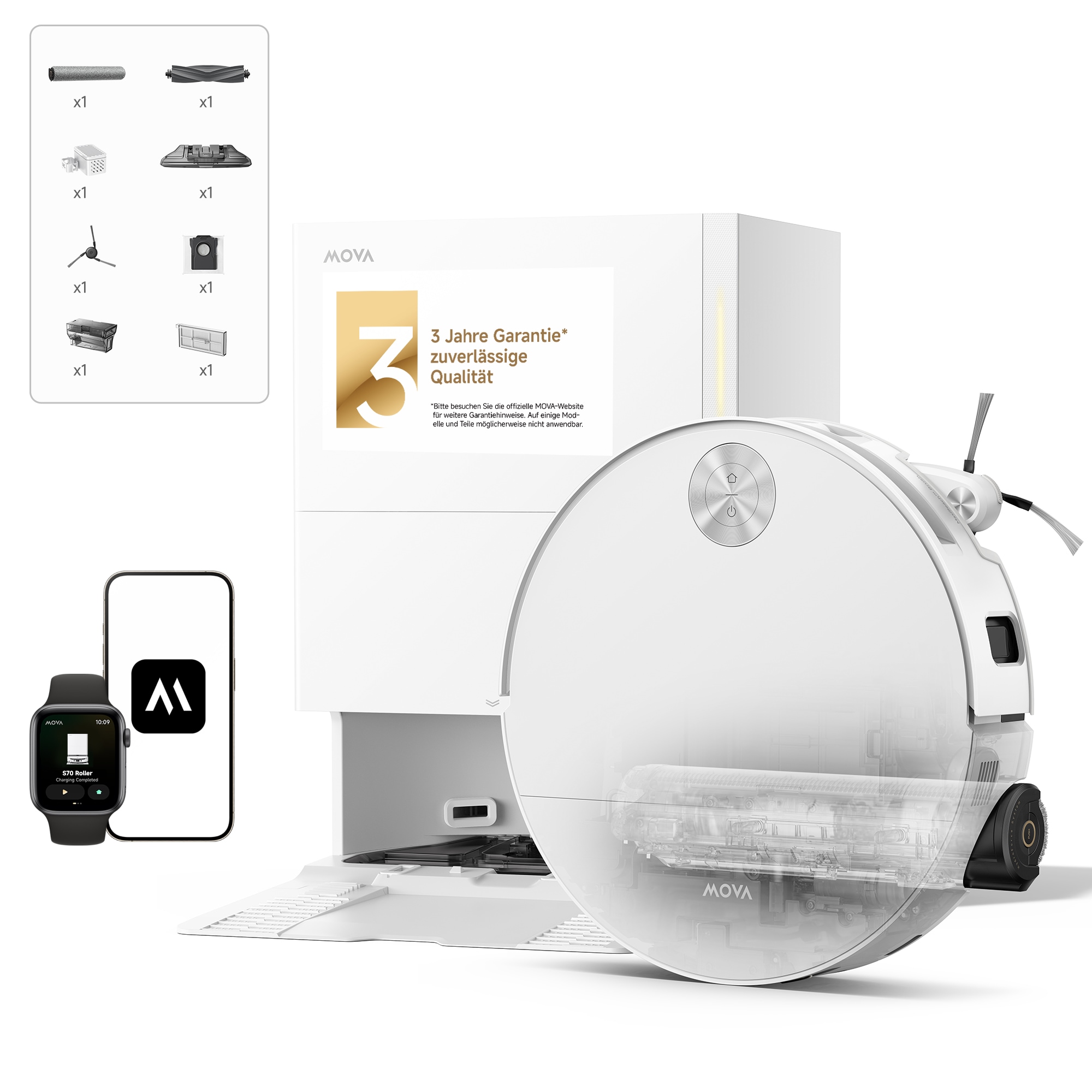 Mova Saugroboter »S70 Roller, Saugroboter mit 28.000Pa Saugkraft und HydroForce-Wischen,« MaxiReach-Technologie, CovertSense-Navigation, 90mm Flaches Gehäuse