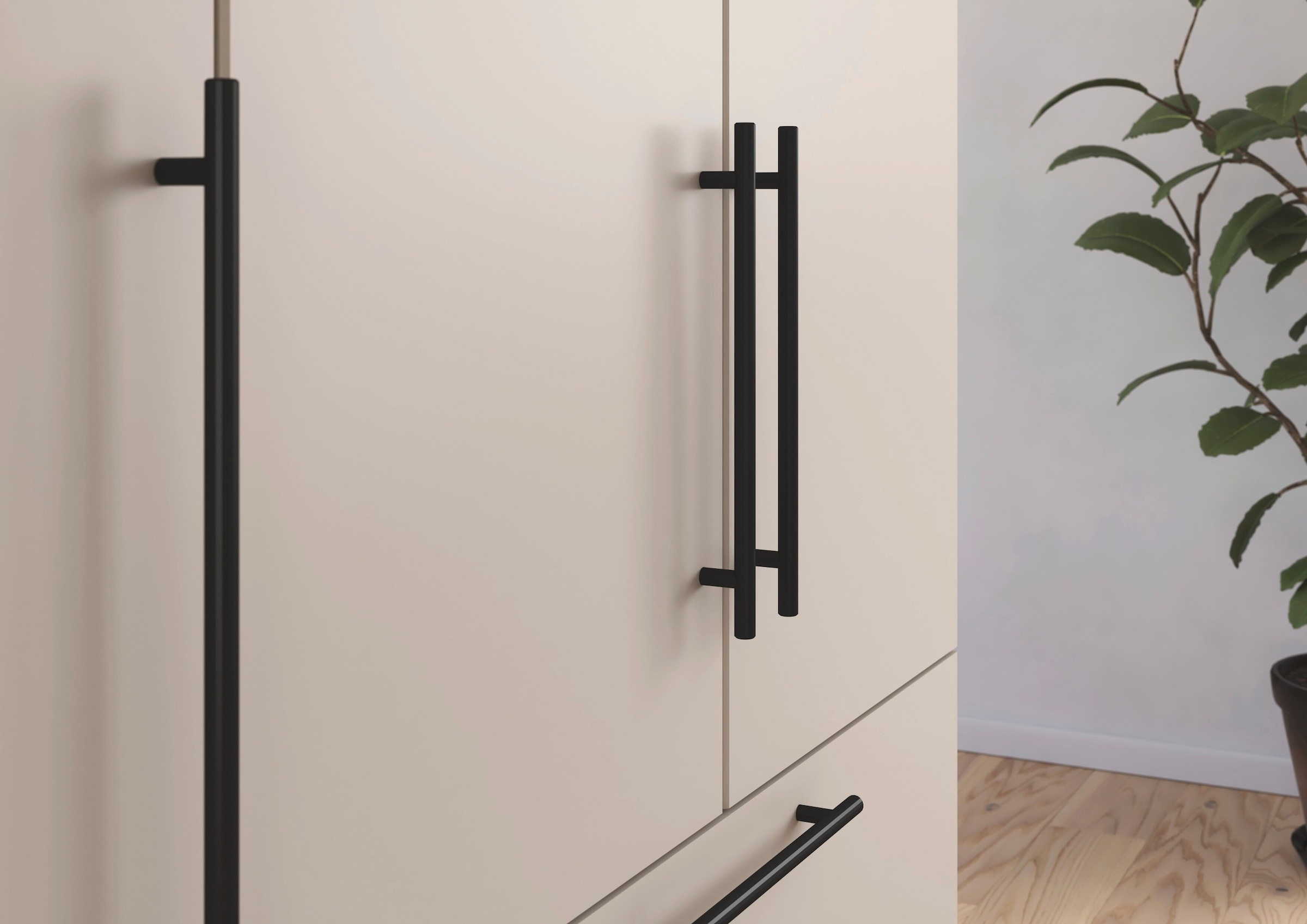 rauch Kleiderschrank »Drehtürenschrank Schrank Garderobe Wäscheschrank Schlafzimmer AVOLA«, (in 3 verschiedenen Ausstattungen BASIC/CLASSIC/PREMIUM), mit hochwertigen Stangengriffen in Schwarz aus Metall MADE IN GERMANY