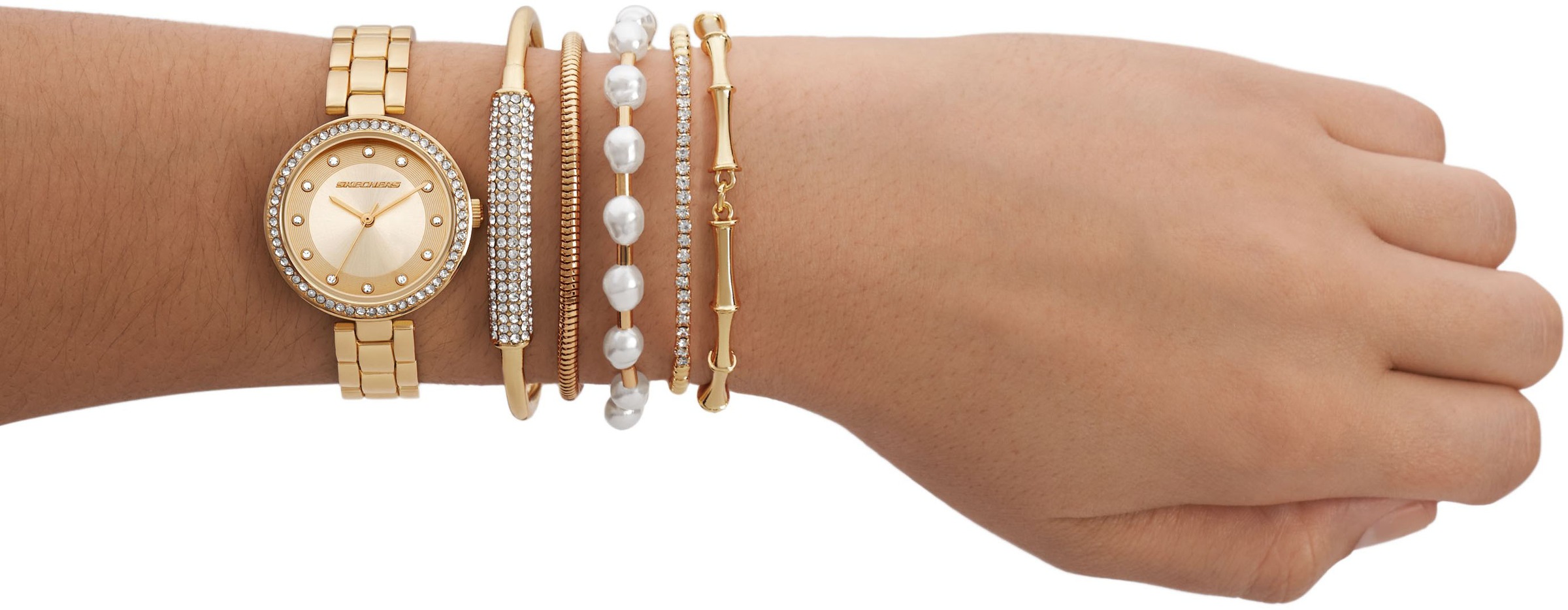 Skechers Quarzuhr »BRACELET GLITZ SET«, (Set, 6 tlg., mit 5 Schmuckarmbändern), Armbanduhr, Damenuhr, analog, Glassteine, Geschenkidee