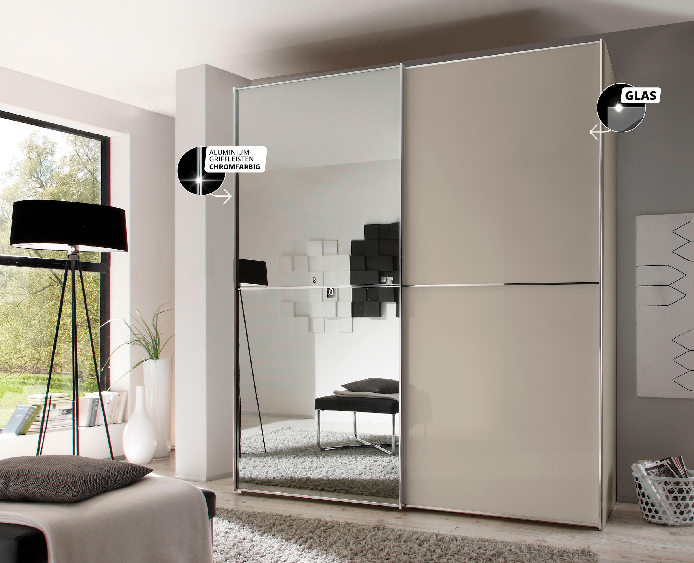 STAUD Schwebetürenschrank »Sinfonie Plus, edles Design in hochwertiger Qualität, Made in Germany« Glas und Spiegel-Frontkombination mit vier Ausstattungsvarianten