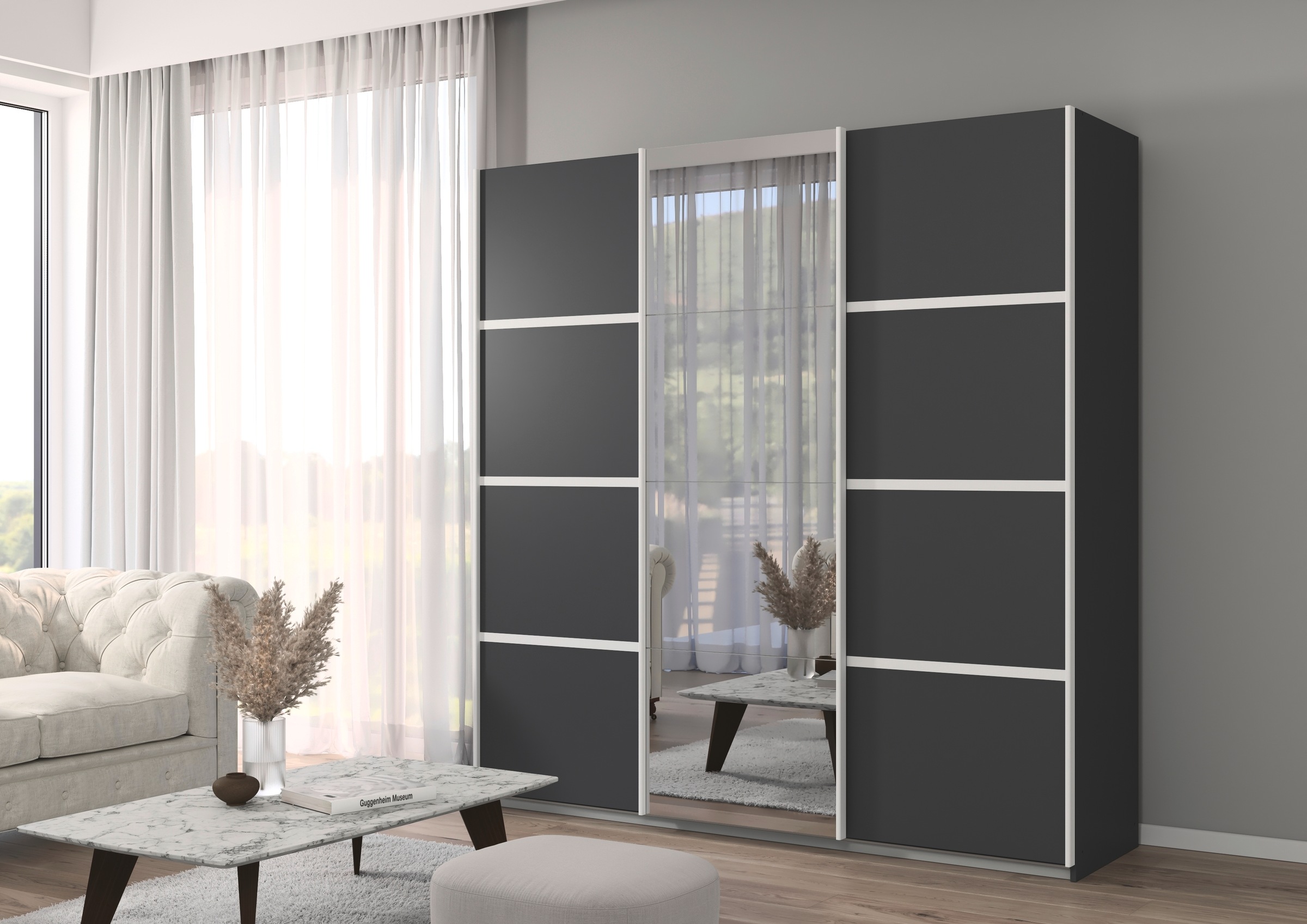 rauch Kleiderschrank »Schwebetürenschrank OTTO´s Choice Garderobe Schrank TOP ANGEBOT Avola«, (in 3 verschiedenen Ausstattungen BASIC/CLASSIC/PREMIUM inkl. Spiegel), mit eleganten Zierleisten in Chrom, Schwarz oder Weiß MADE IN GERMANY