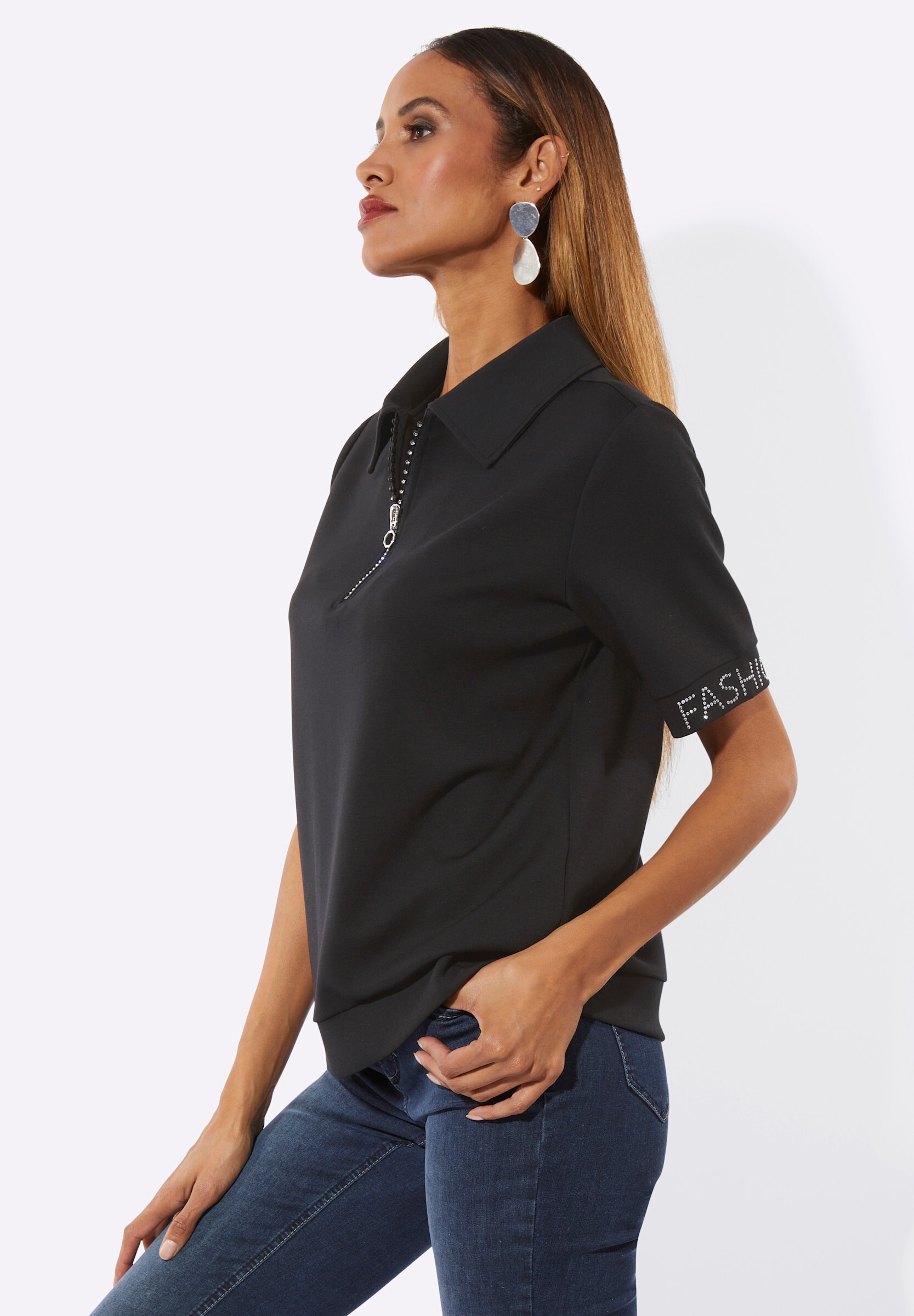 creation L Sweatshirt »Modal-Mix-Sweatshirt Poloshirt mit Glitzersteinchen«
