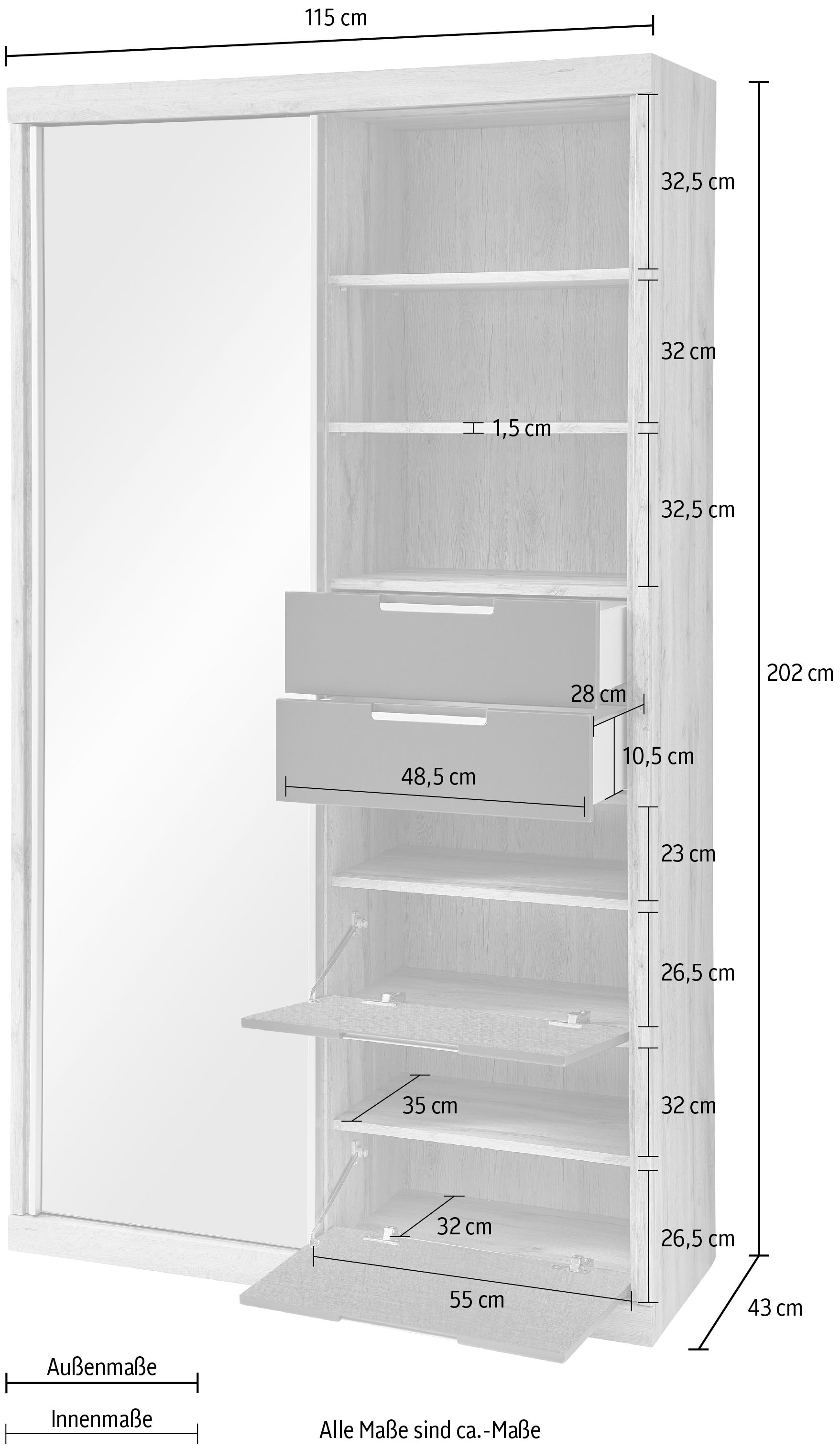 Innostyle Garderobenschrank »SINGLE TWO«, (1 St.), 1 Spiegel-/Schiebetür, 2 Schubkästen, 2 Klappen, etc.