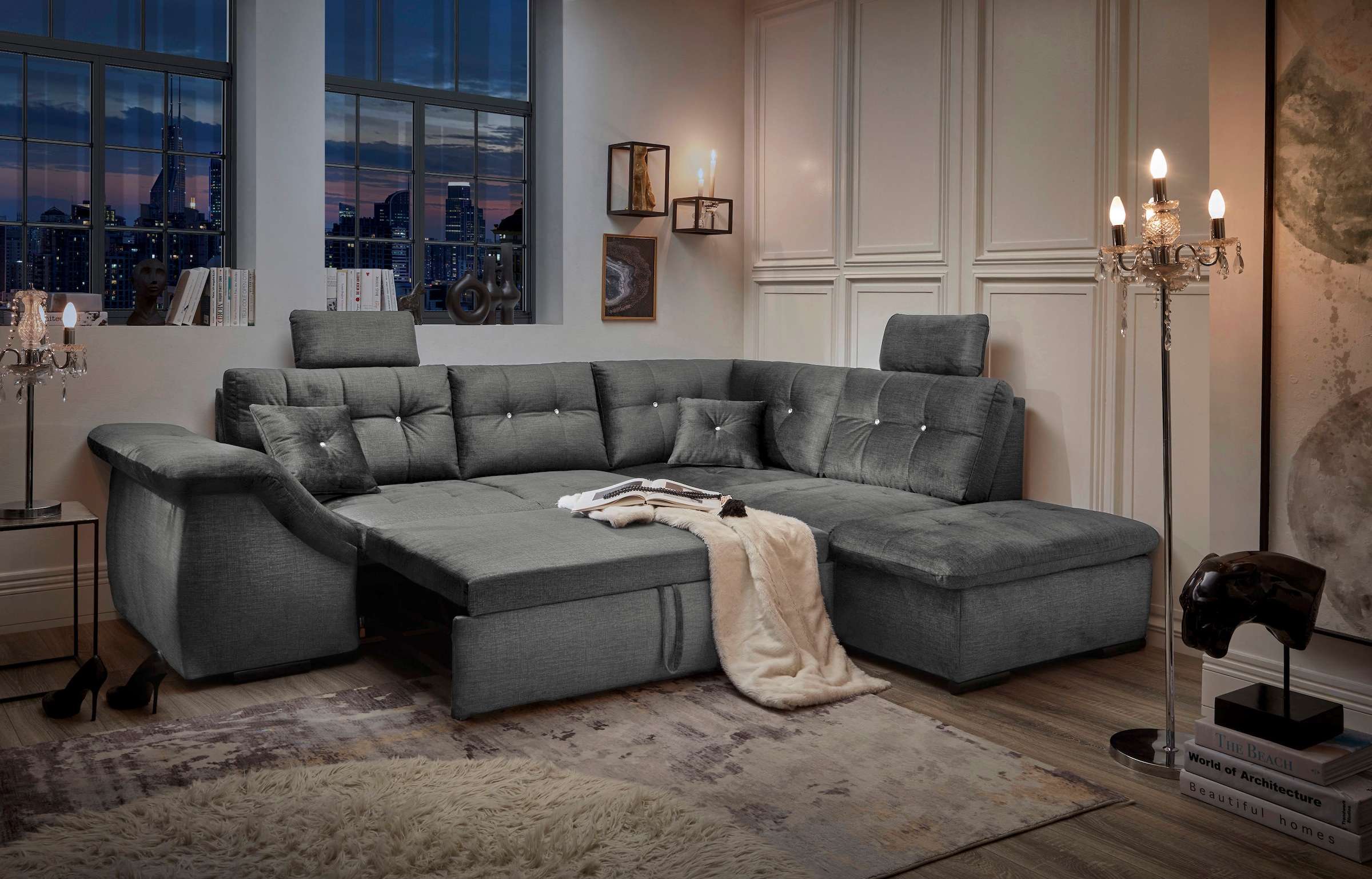 ED EXCITING DESIGN Ecksofa »Bolonia L-Form«, mit Bettfunktion, Bettkasten, Kopfstützen & 2 Zierkissen, Strasstein