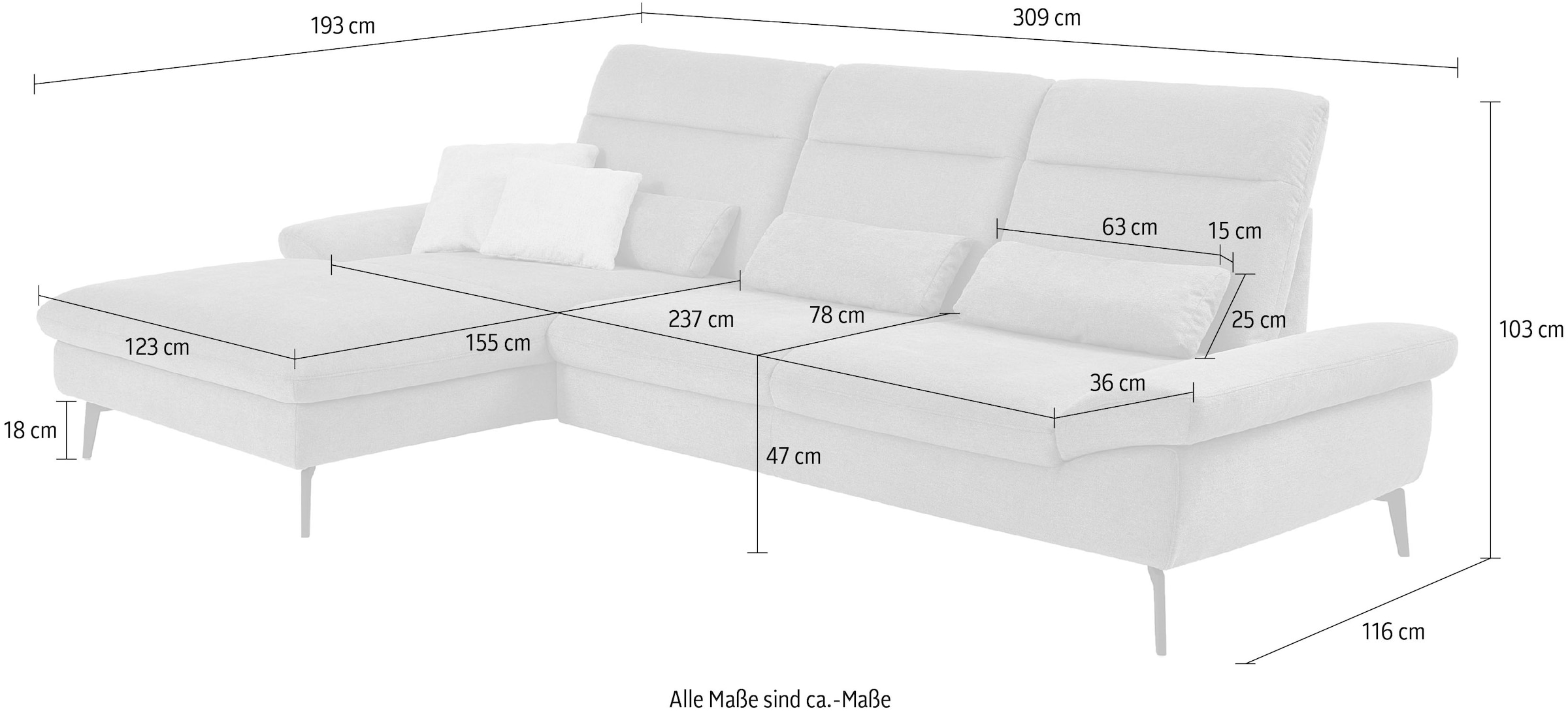 HUKLA Ecksofa »HU-HP22156 L-Form« inkl. Kopfpolsterverstellung, optional mit Sitztiefenverstellung