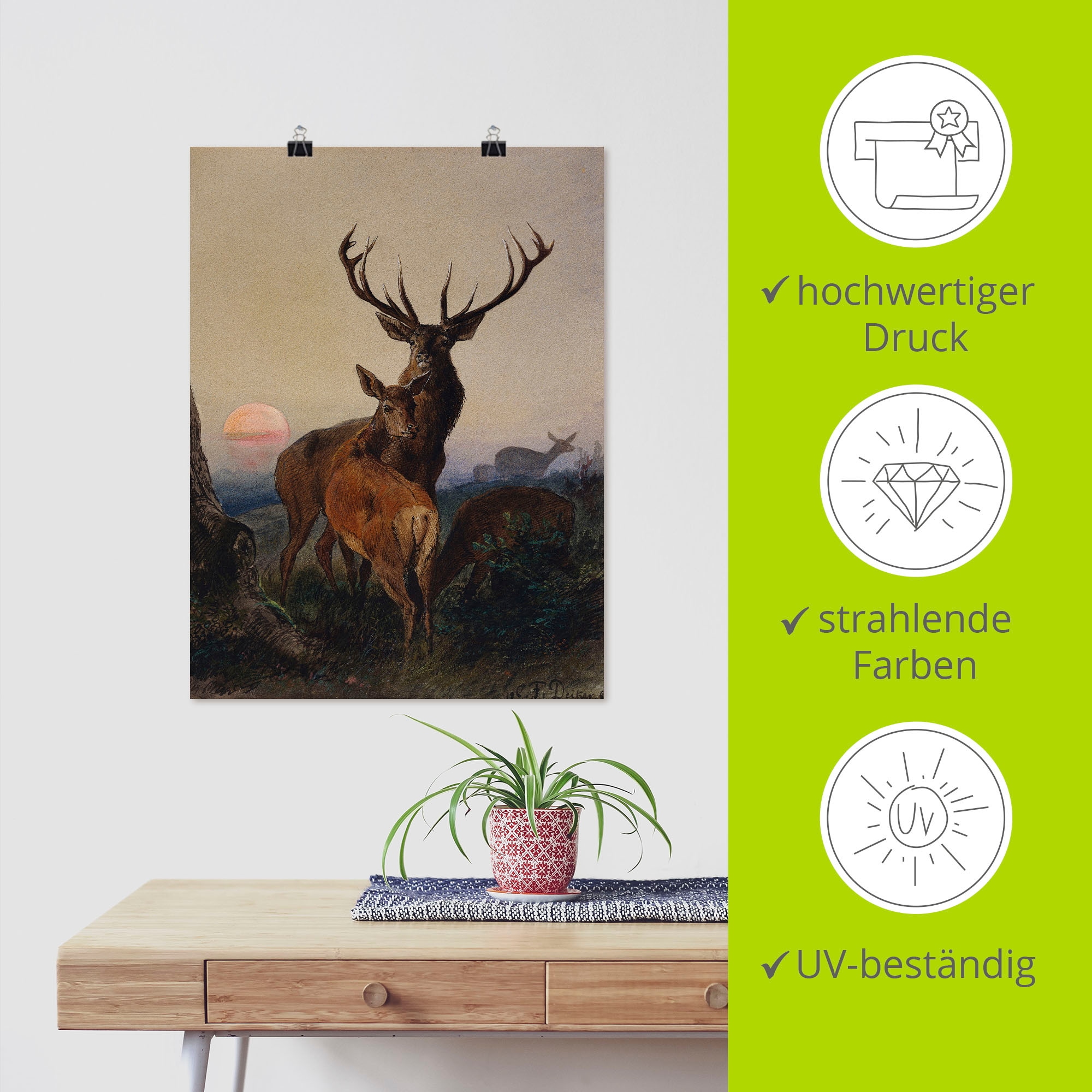 Artland Wandbild »Hirsch und ein Reh bei Sonnenuntergang«, Wildtiere, (1 St.), als Leinwandbild, Poster, Wandaufkleber in verschied. Größen