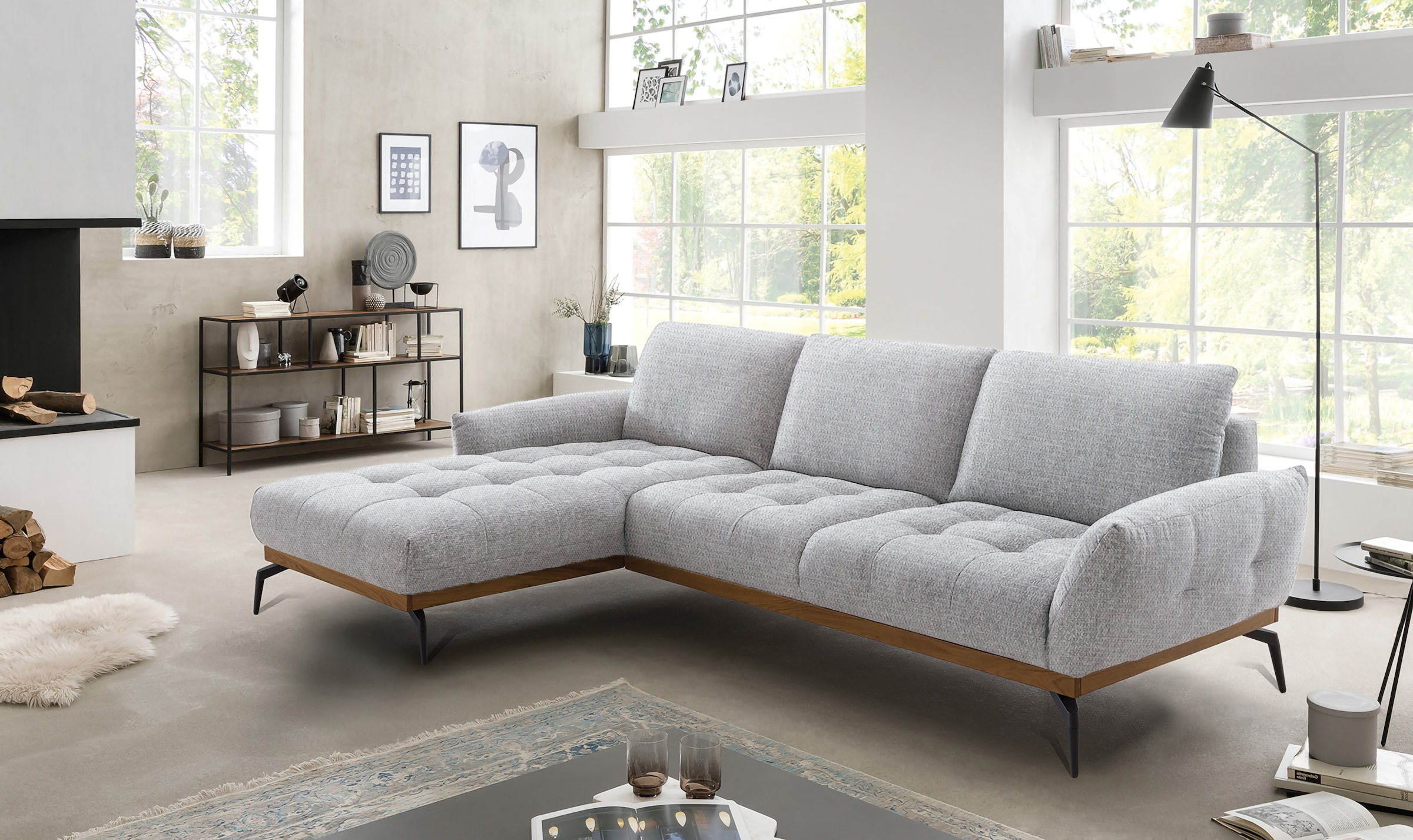 exxpo - sofa fashion Ecksofa »NICEA, erstklassiger Komfort, tolle Details, Holzsockel in eiche geölt«, In hochwertiger Verarbeitung und ergonomische Sitzposition