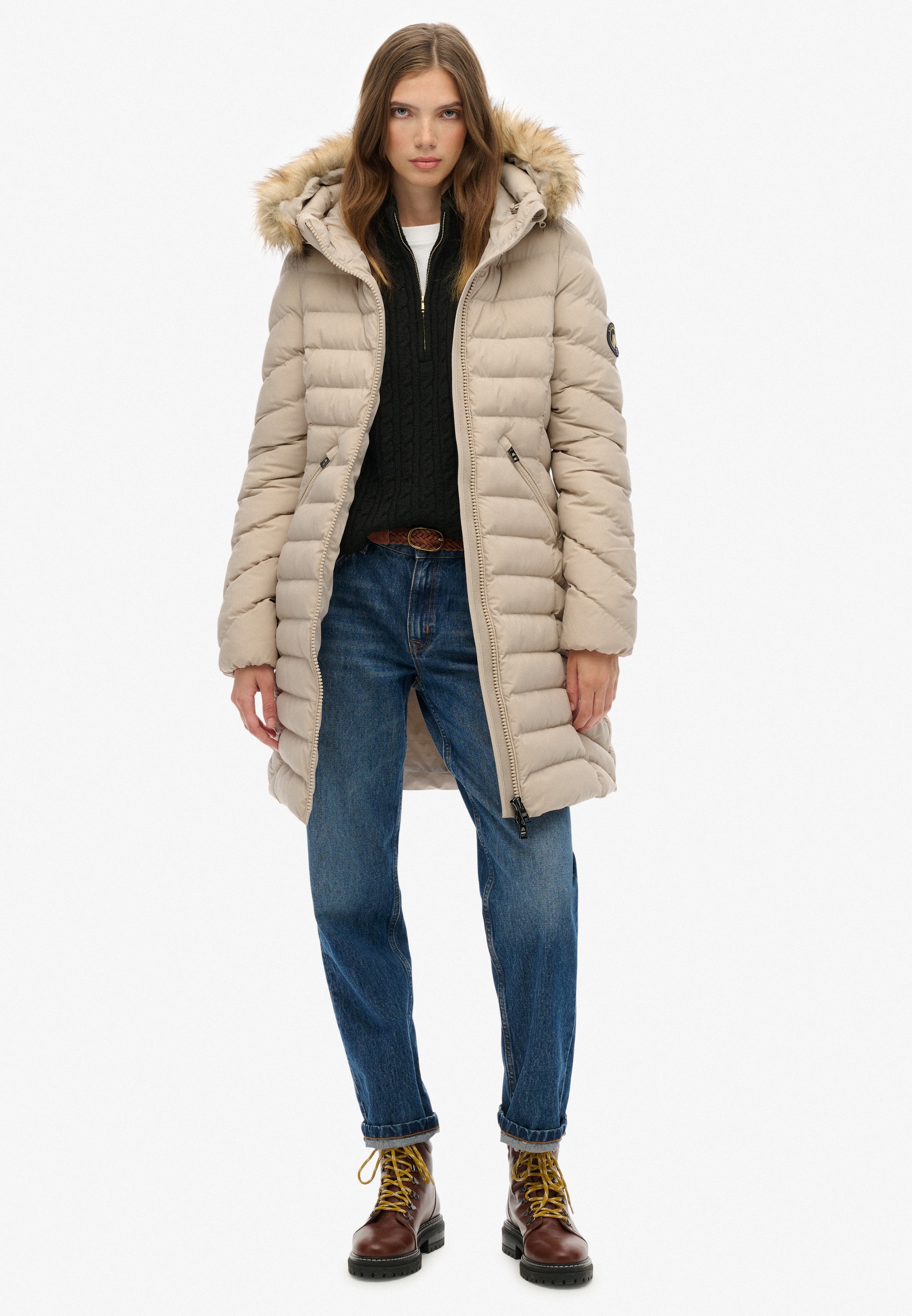 Superdry Steppjacke »FUJI FAUX FUR HOOD MID LENGTH« mit Kapuze
