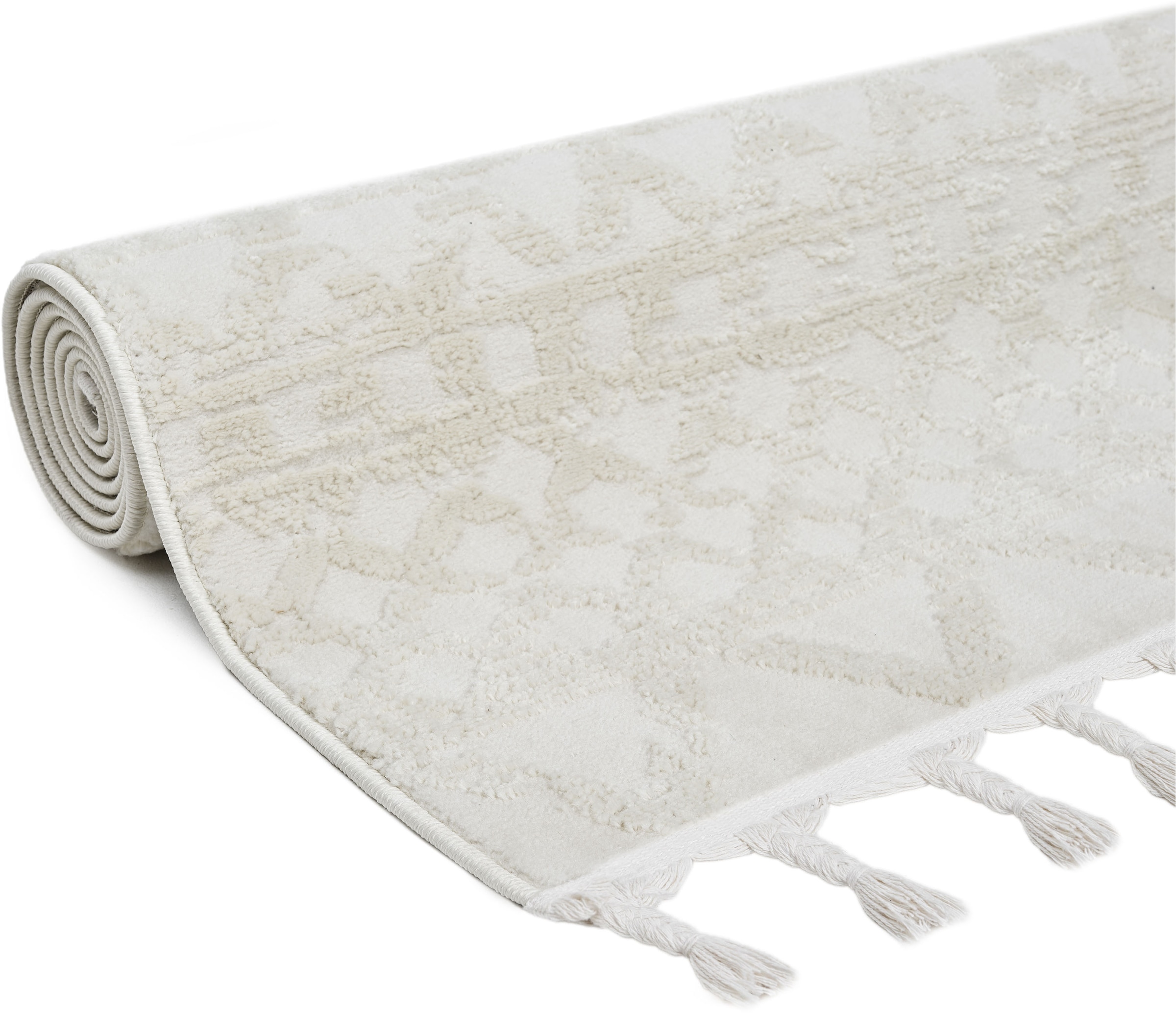 my home Teppich »Ribeyret« rechteckig 11 mm Höhe mit Fransen, Hoch-Tief-Struktur, Woll-Look, Boho-Style, Wohnzimmer