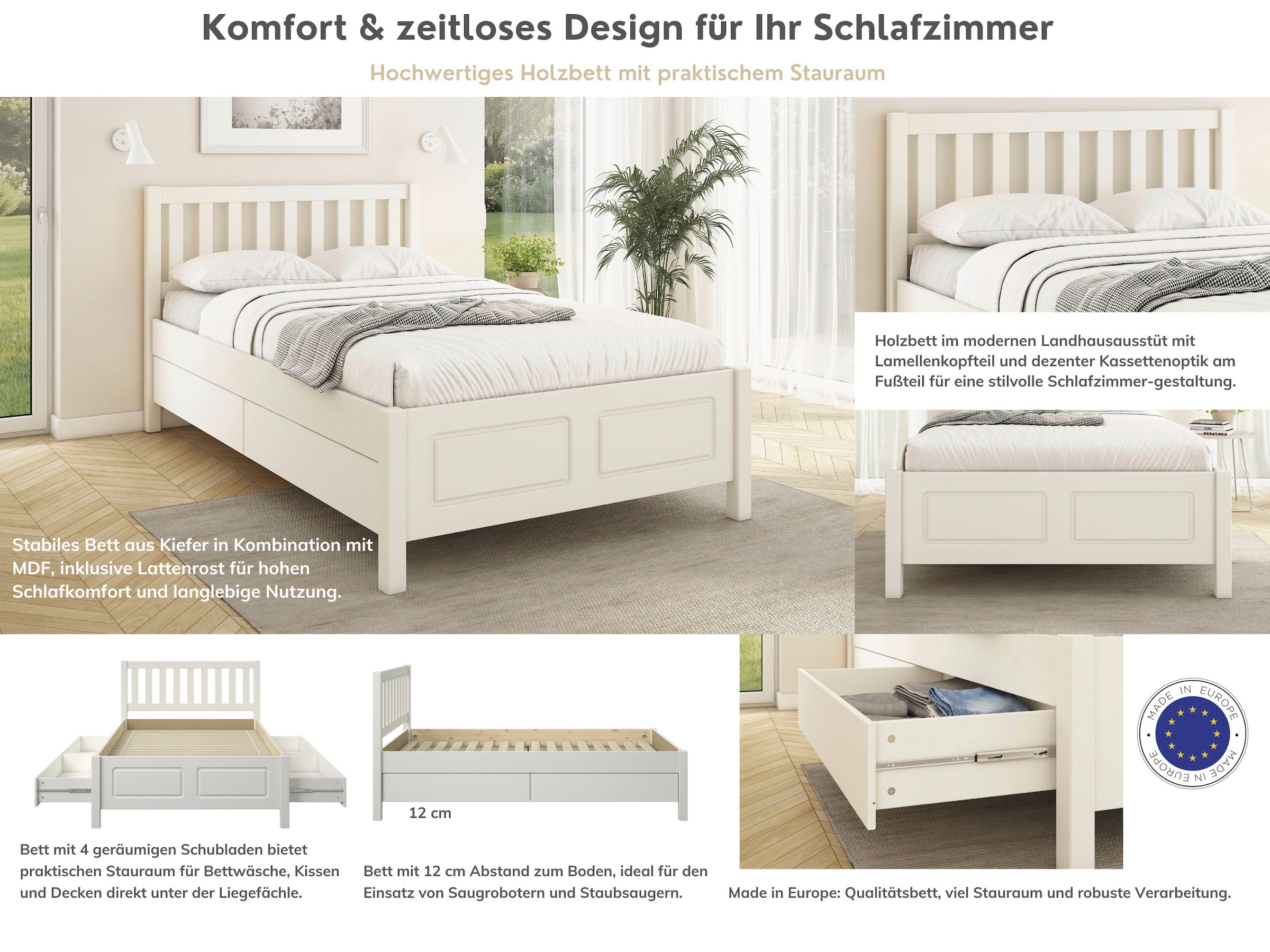 OTTO home Stauraumbett »Synnra, maximaler Stauraum, 4 Schubladen, Made in EU, Landhausstil« FSC® zertifiziert, Kassettenfront, Stauraumlösung und Komfort