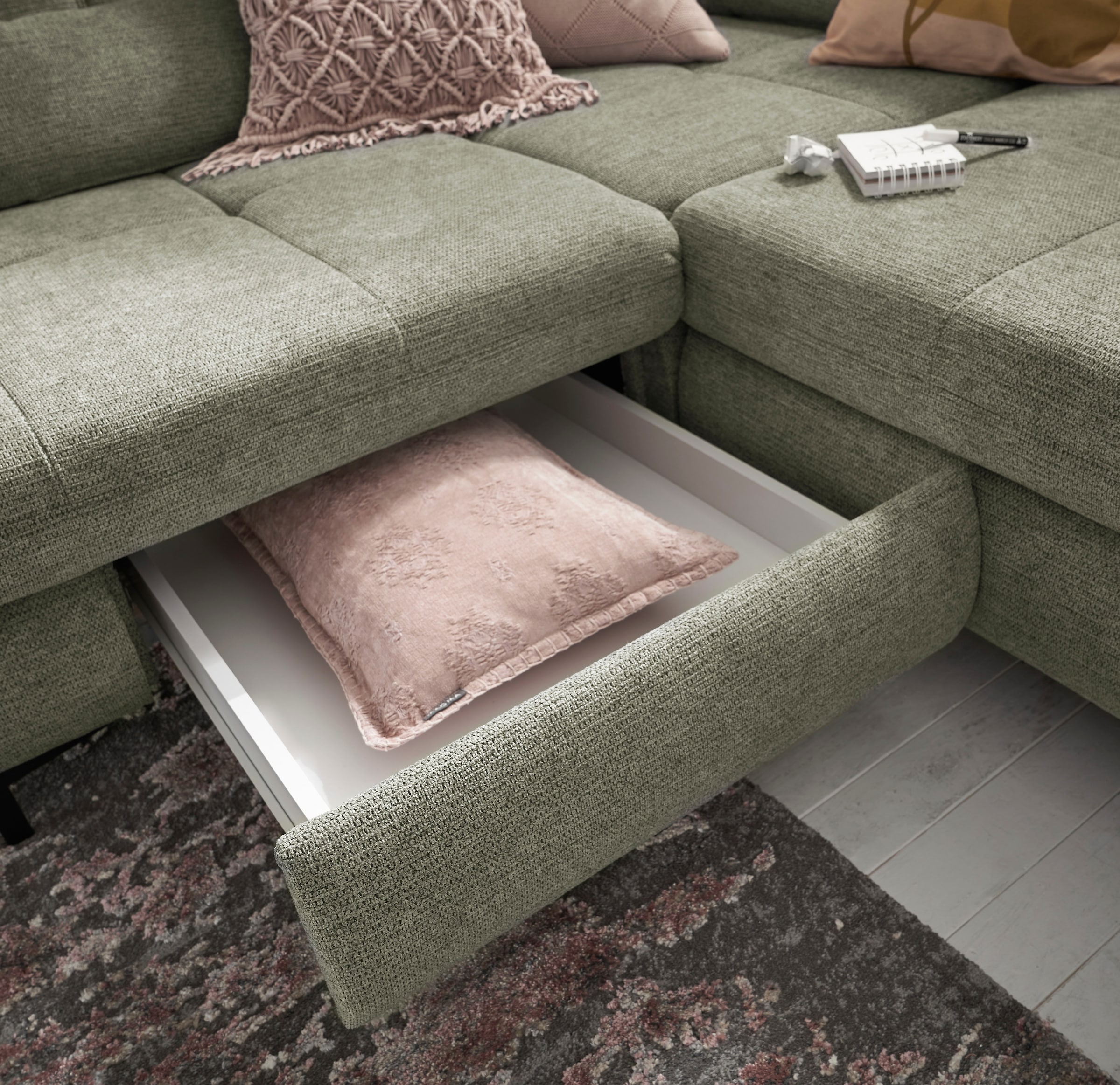 set one by Musterring Ecksofa »SO 3400 Sitzhöhe 47cm oder 49cm, Sitztiefe verstellbar, B/T 317/220 cm«, Kaltschaumpolsterung, Flachgewebe, whlw. mit weiteren Funktionen