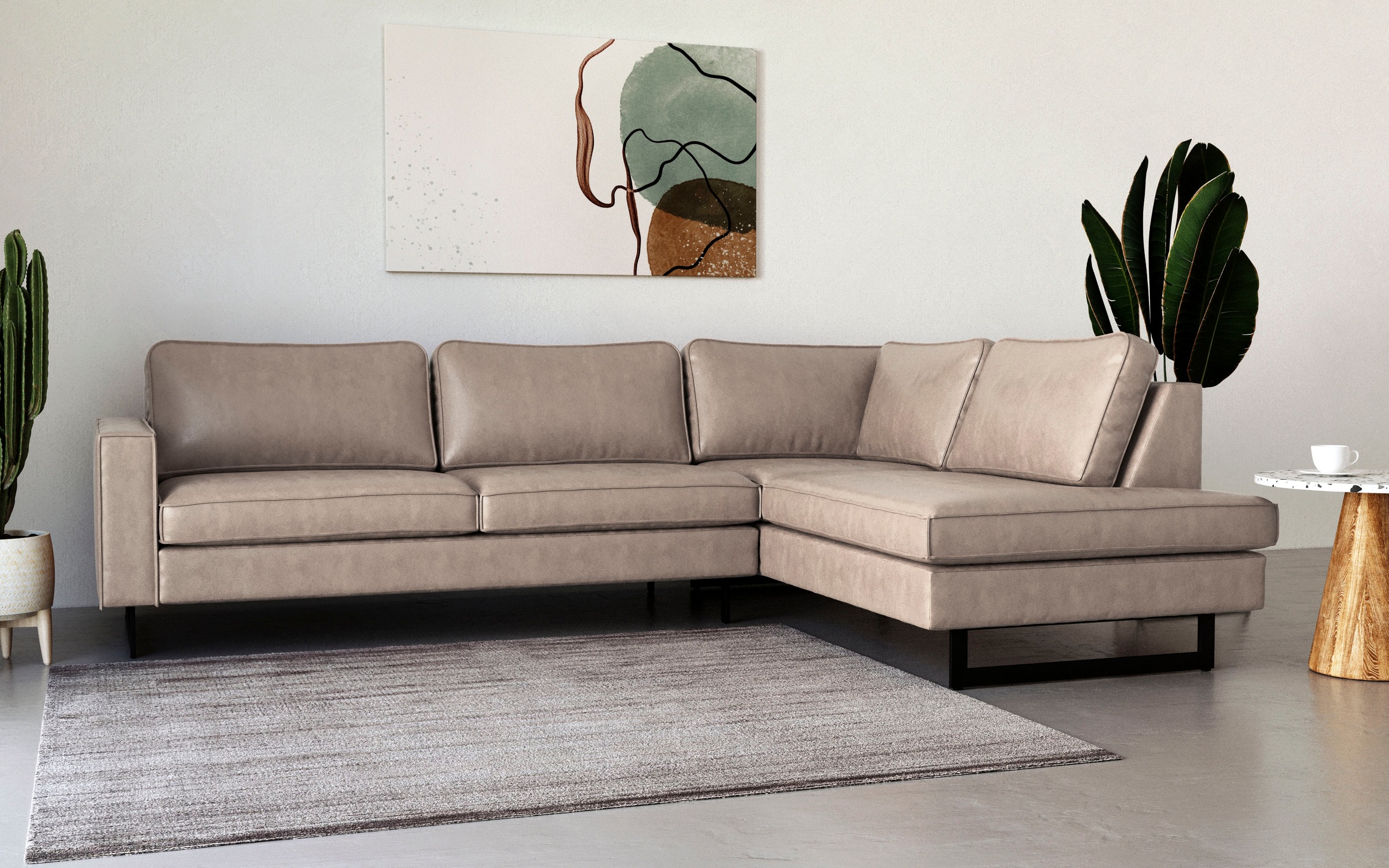 Places of Style Ecksofa »Pinto, 290 cm, Cord, Chenille, Lederoptik, Ottomane links / rechts«, mit Keder, schwarze Metallfüße, Wellenunterfederung