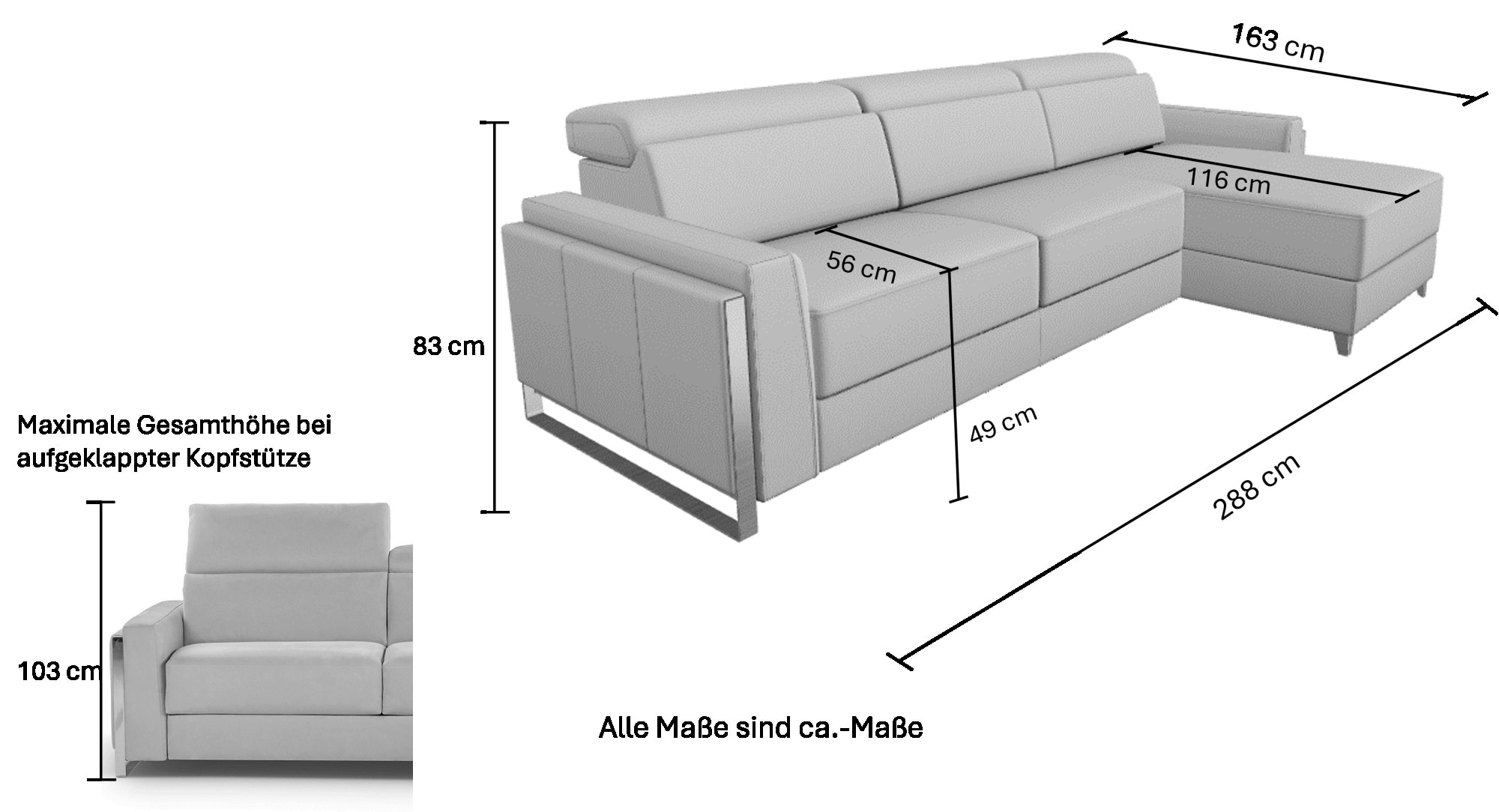 CALIA ITALIA Polsterecke »ECLETTICO, Ecksofa, Stellmaße 288/163 cm, L-Form,Metall Kufen Füße,«, wahlweise links oder rechts bestellbar,inklusiv Kopfteilverstellung