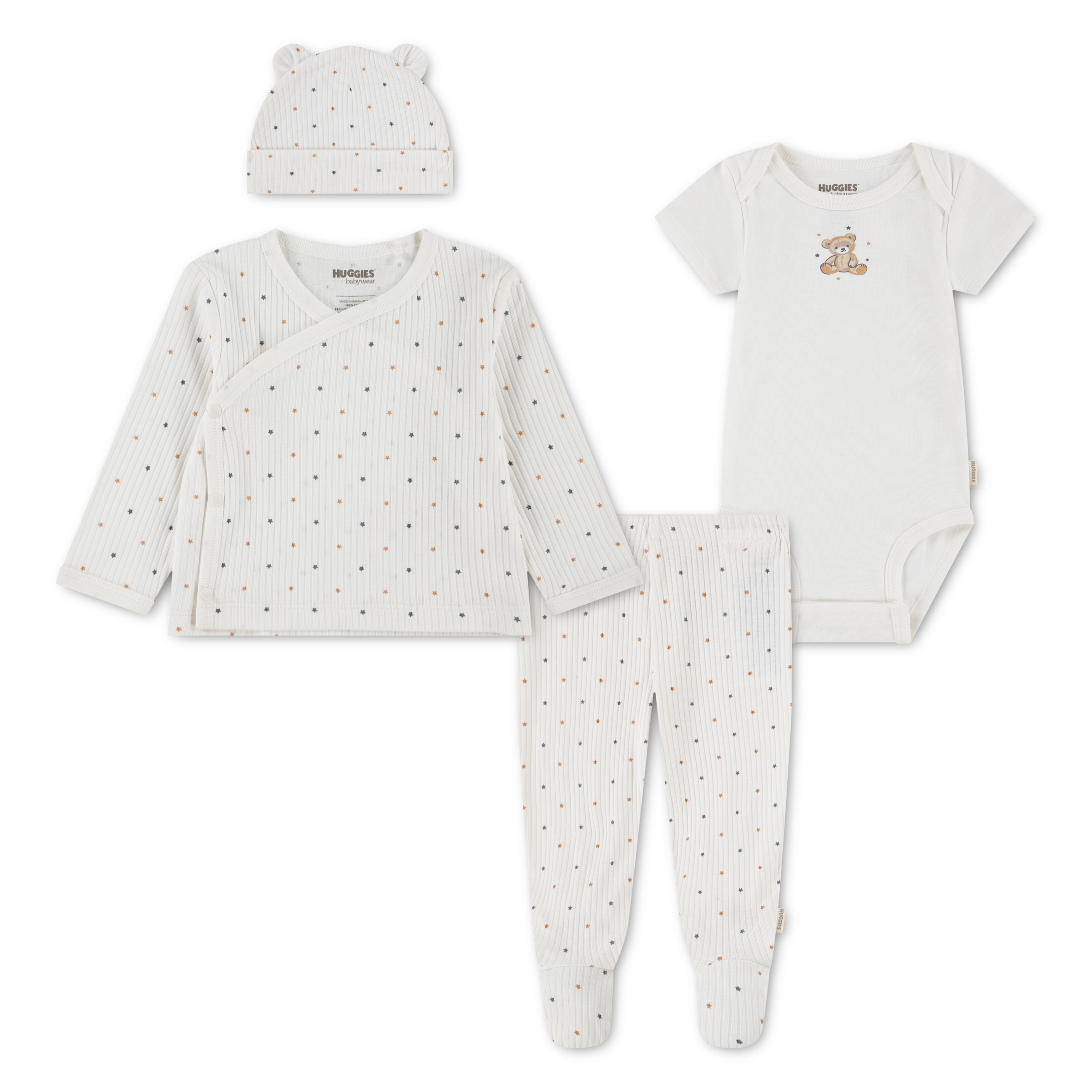 HUGGIES babywear Shirt, Hose, Jacke & Mütze »HUGN 4PC SET« Set, 4 Teile, 4 Mütze-Jäckchen-Body-Hose mit Fuss -  Alloverprint