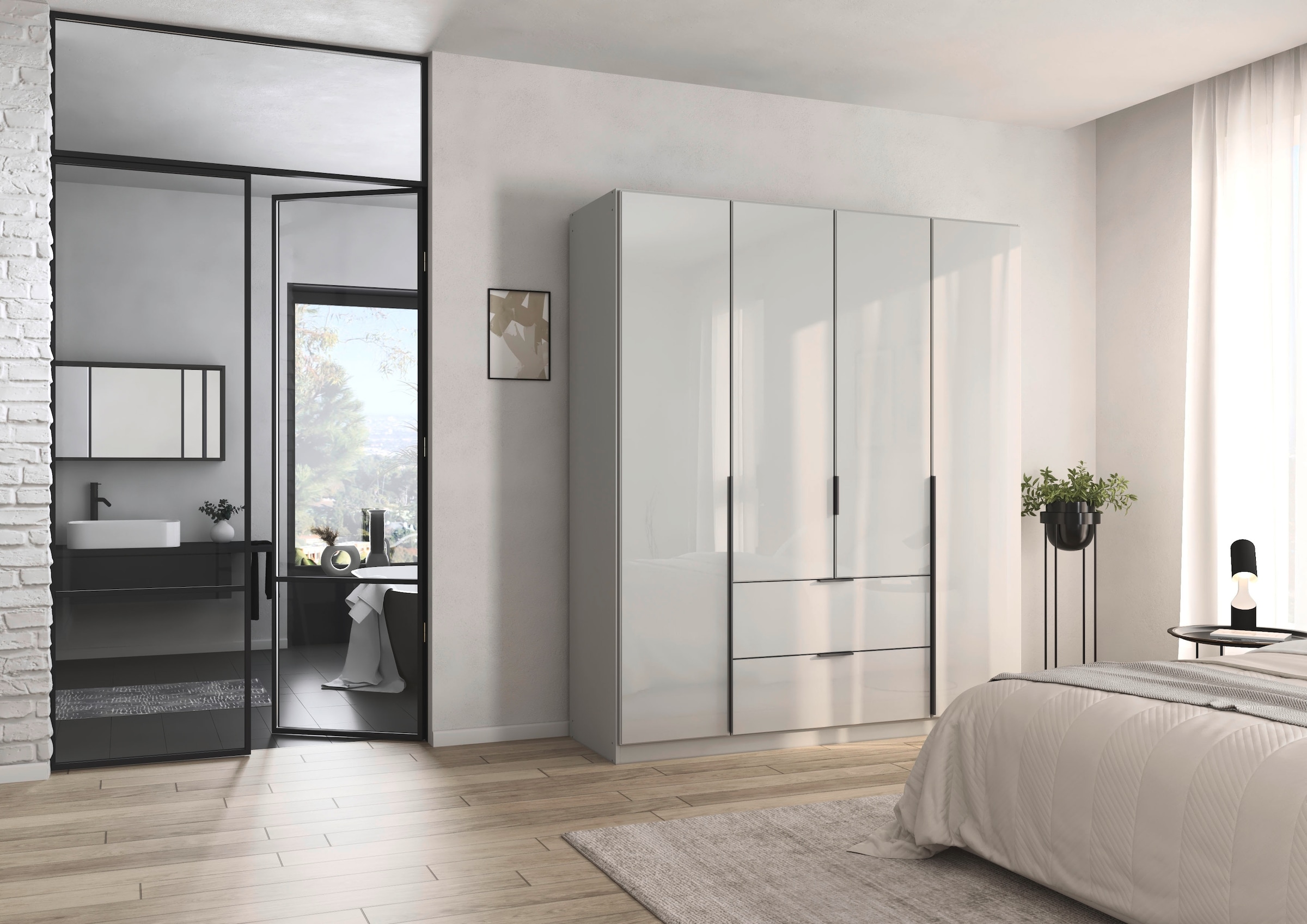 rauch Drehtürenschrank »Kleiderschrank Kleiderschränke Schrank Garderobe AGORDO mit Glasfront«, (in zwei Griff-Farben, Breiten 91-360 cm), mit Außenschubkästen, in 7 Breiten und 2 Höhen MADE IN GERMANY