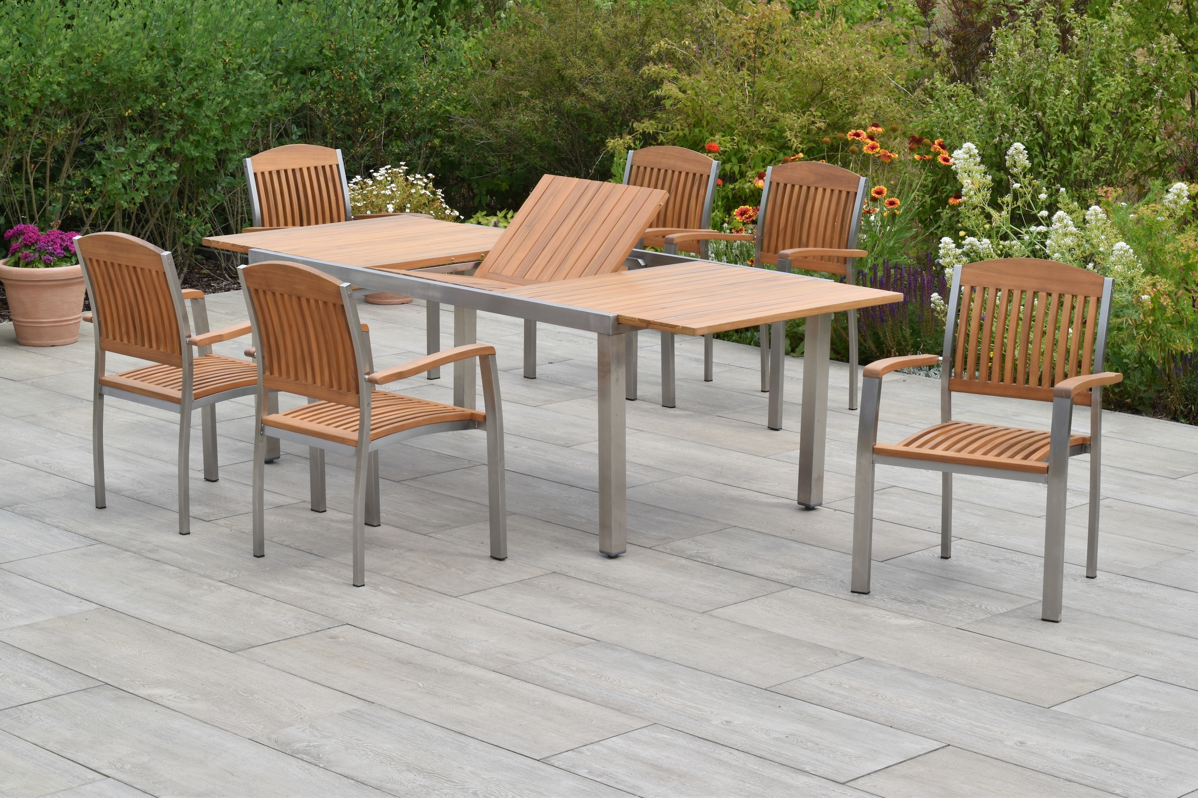 MERXX Garten-Essgruppe »»Keros««, (Set, 7 tlg., Geöltes Akazienholz, Edelstahlgestell), Ausziehtisch: LxB: 180-240 x 100 cm