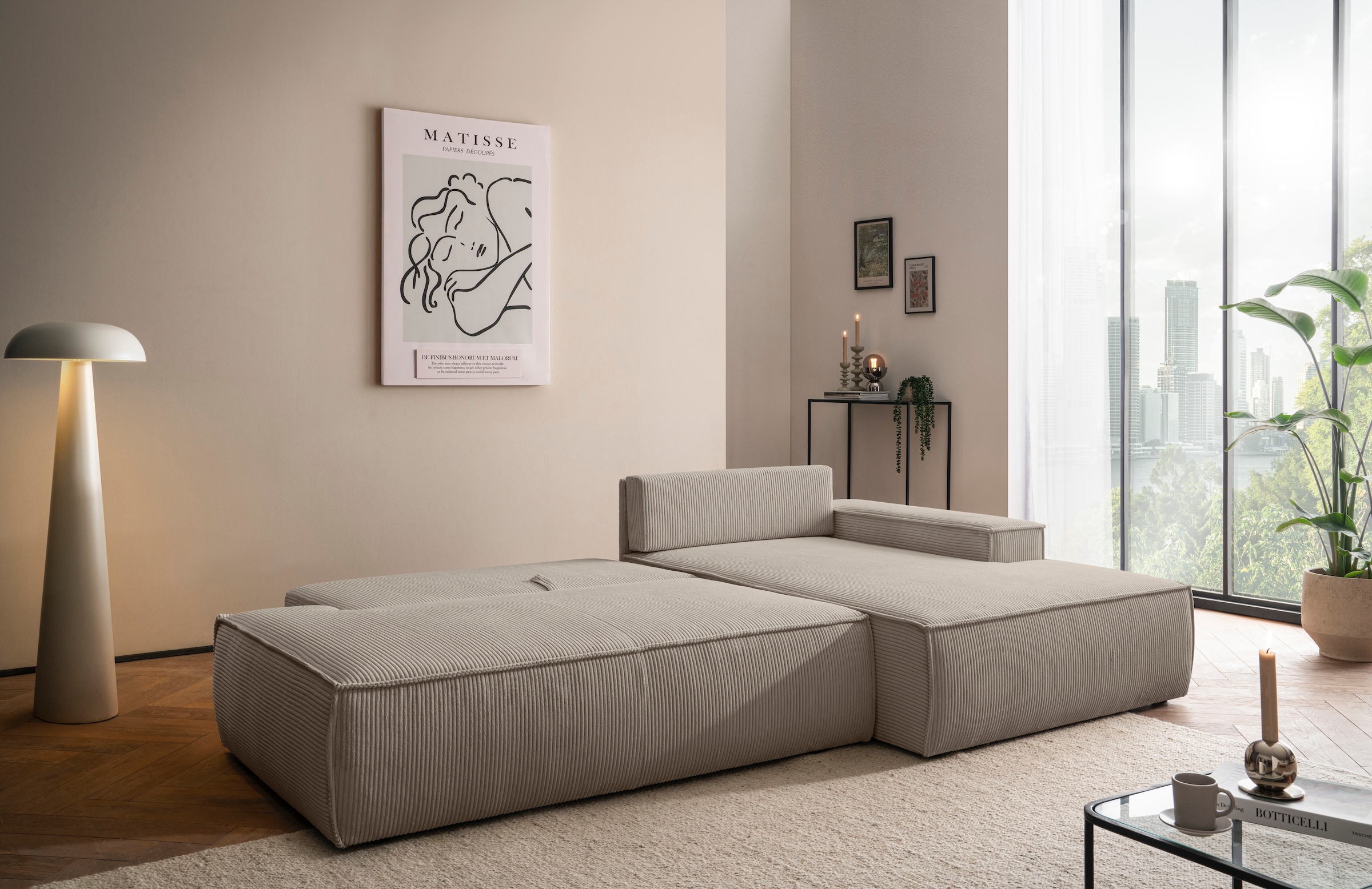 Home affaire Ecksofa »SHERWOOD, Schlafsofa in L-Form offen (275cm), Cord, Leinenoptik«, Schlaffunktion und Bettkasten, Kedernaht, hoher Sitz- & Liegekomfort