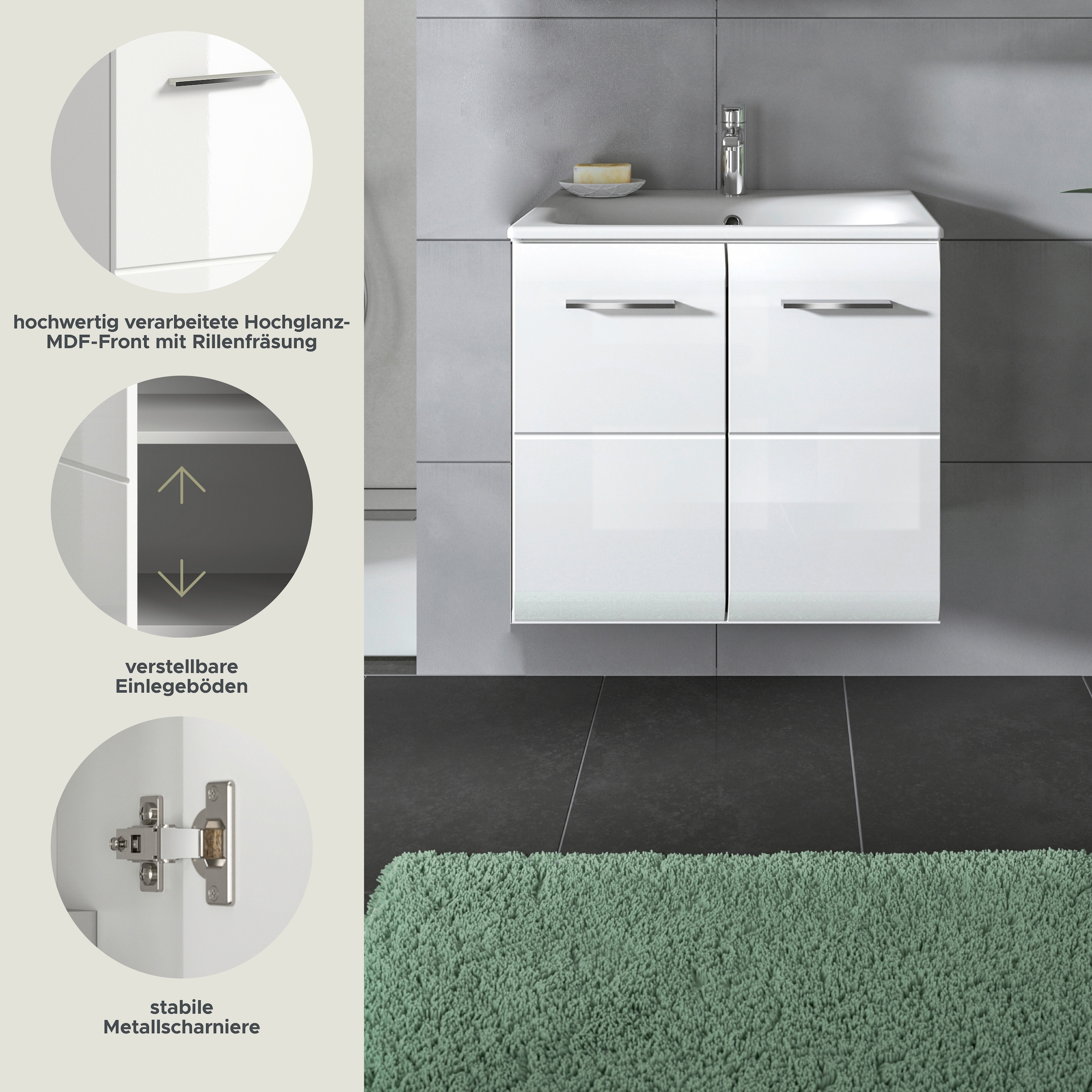 INOSIGN Waschbeckenunterschrank 2 Stk. tlg. Florenz, Waschtisch inkl. Waschbecken, Weiß Hochglanz Tiefzieh