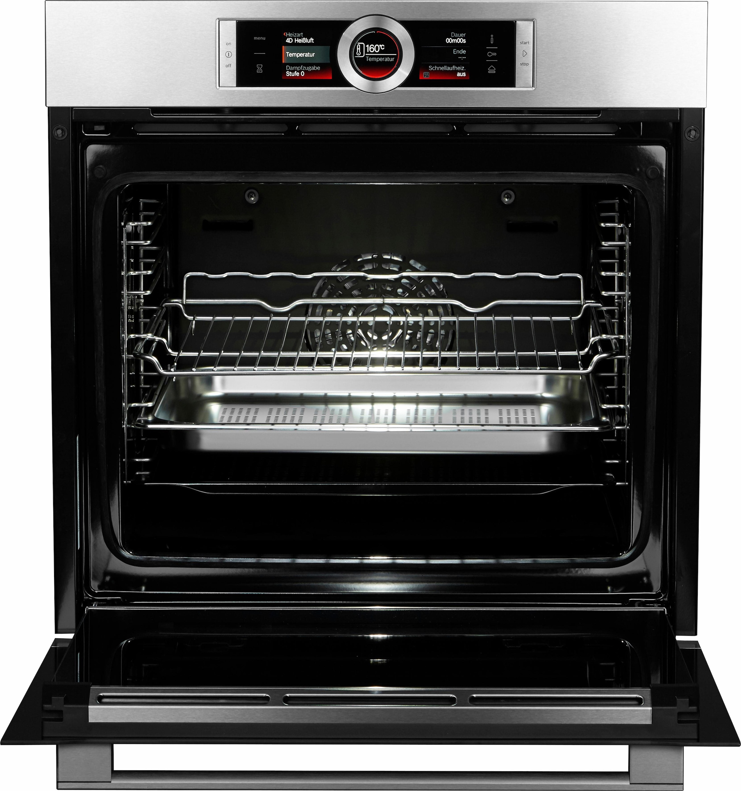 BOSCH Dampfbackofen »HSG636B«, Serie 8, mit Teleskopauszug nachrüstbar, ecoClean Direct, 4D-Heißluft-Eco-Ober-/Unterhitze Eco-Umluft-Infra-Grill-Großflächengrill-Kleinflächengrill-Pizzastufe-Sanftgaren-Vorwärmen-Warmhalten, mit Auftaufunktion