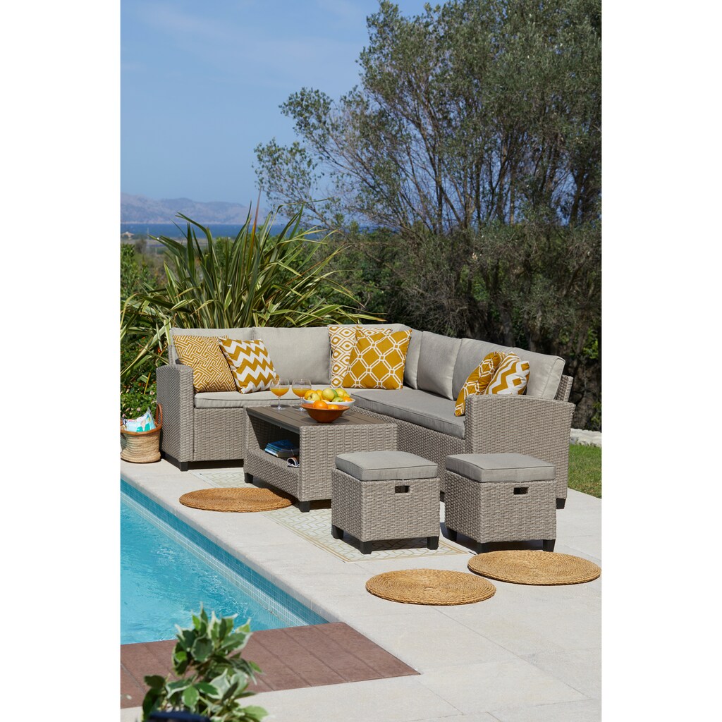 KONIFERA Gartenlounge-Set »Lorca de luxe«, (16 tlg.), 2x Ecksofa, 2 Hocker, Tisch 100x55 cm, Polyrattan