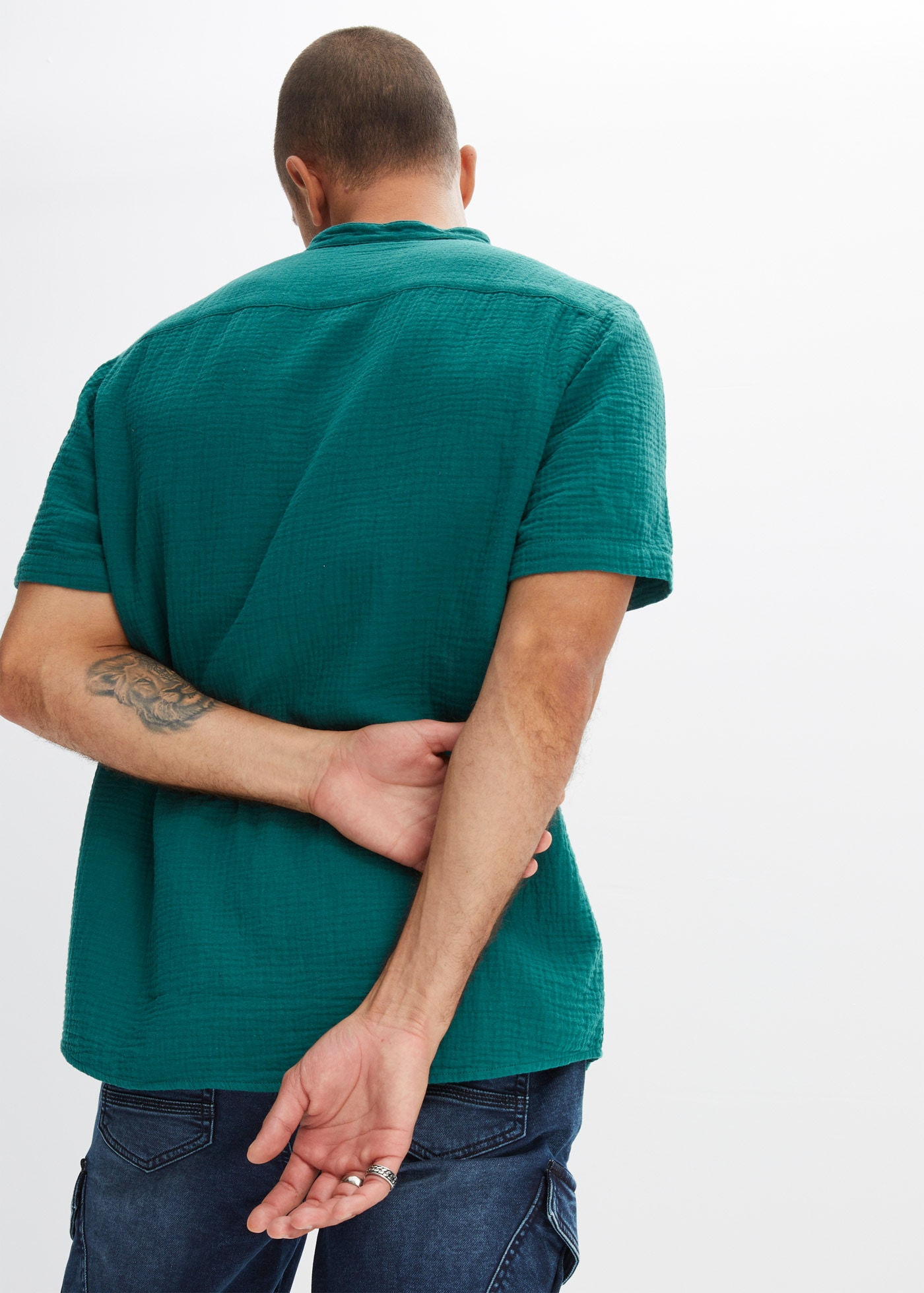 bonprix Kurzarmhemd Regular Fit, aus reiner Baumwolle, mit Stehkragen, mit kurzem Arm