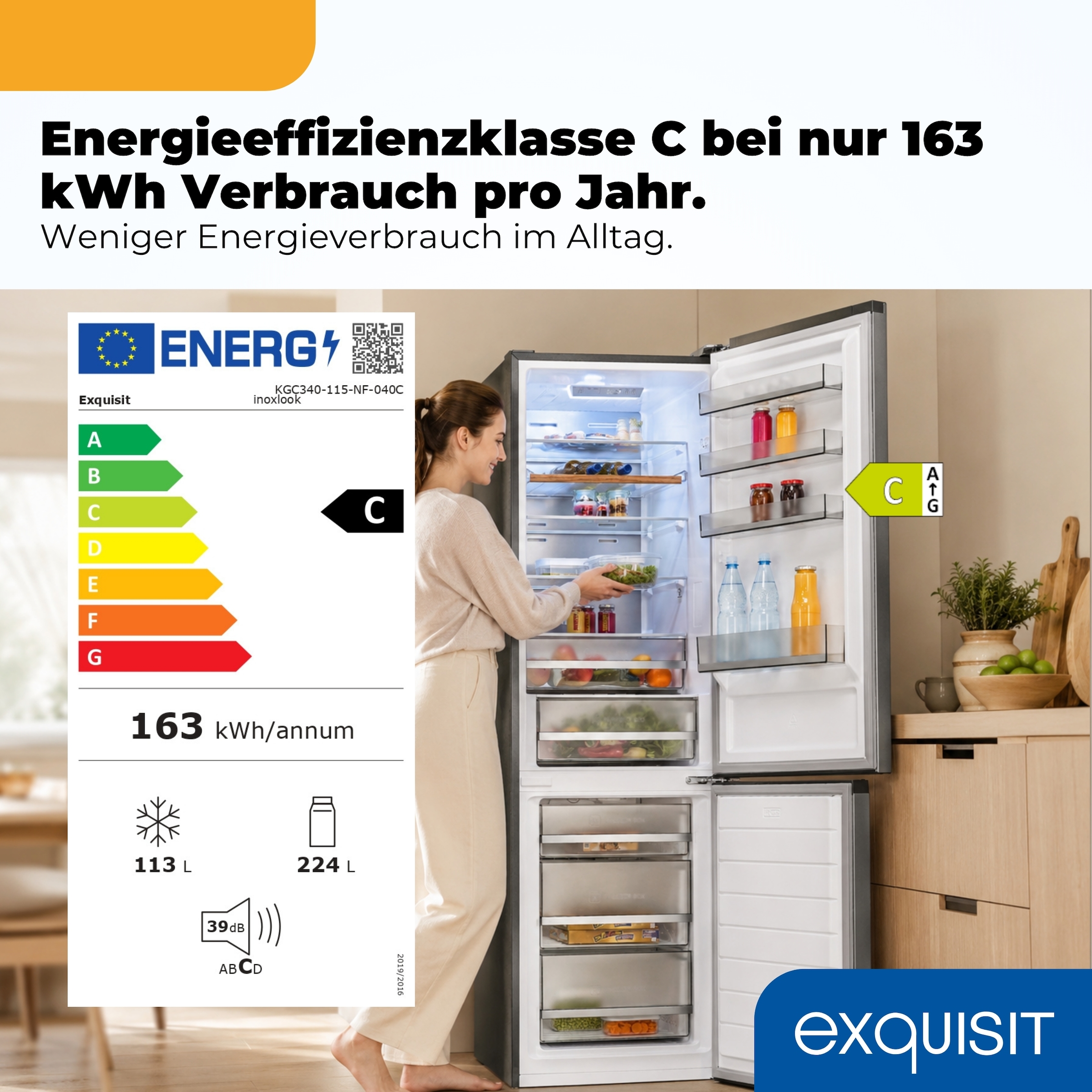 exquisit Kühl-/Gefrierkombination »KGC340-115-NF-040C inoxlook« 186 cm hoch 59,5 cm breit NBoFrost Technologie für dauerhaft eisfrei ohne Abtauen