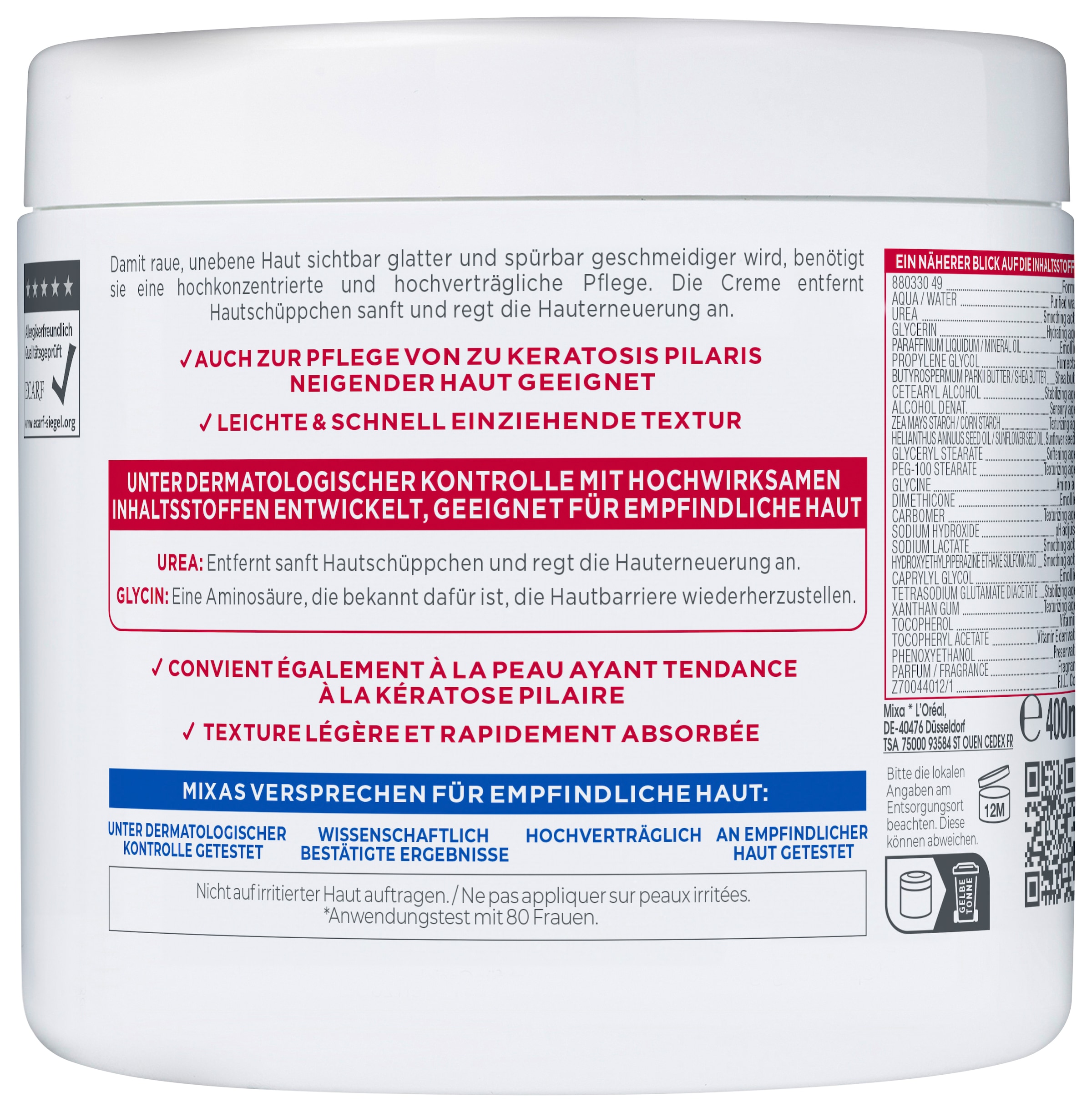 Mixa Körpercreme »MIXA UREA CICA REPAIR + HAUTERNEUERNDE CREME« gegen trockene Haut und Hautirritationen, tiefenwirksame Pflege