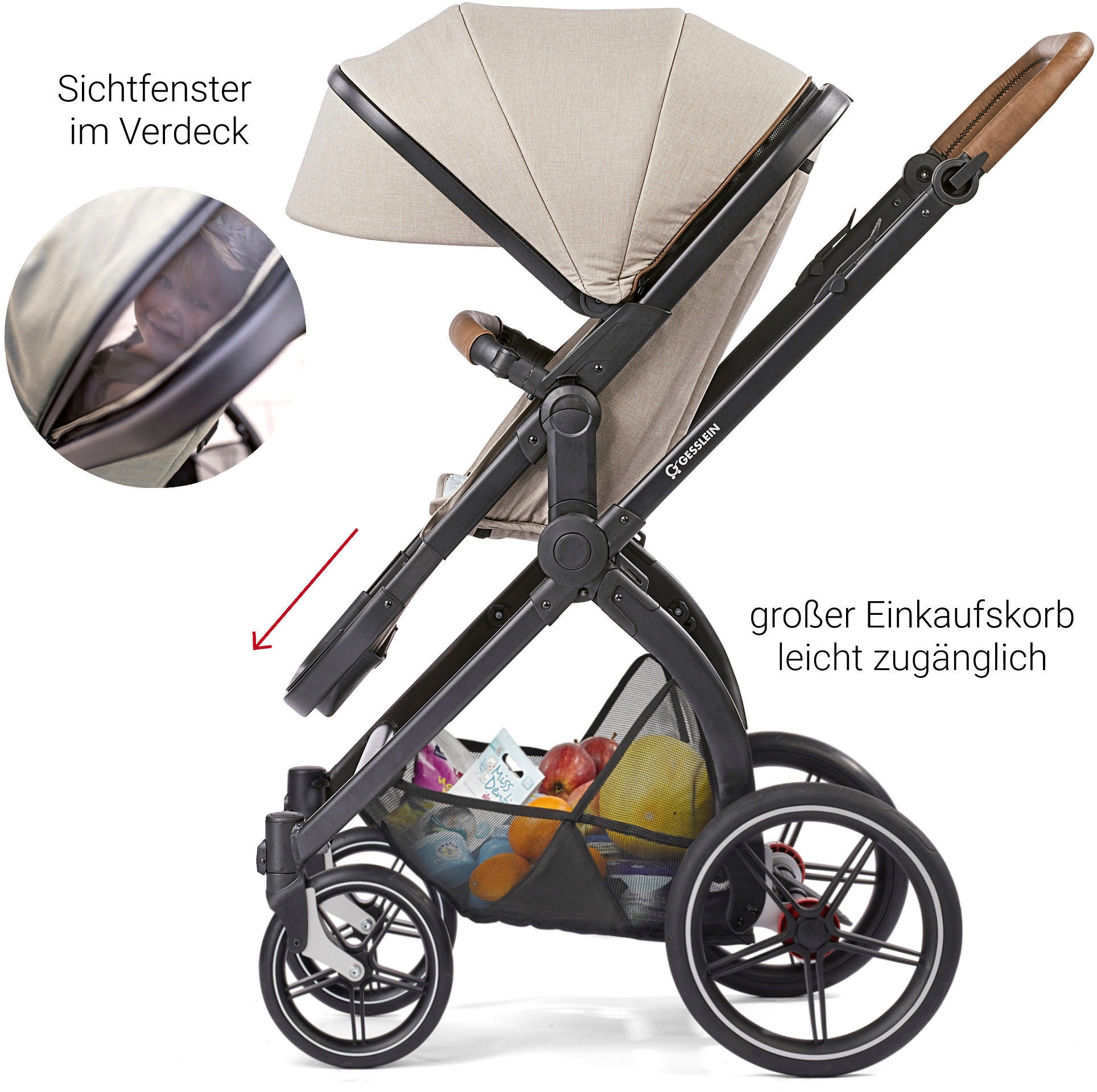 Gesslein Kombi-Kinderwagen »FX4 Soft+ mit Aufsatz Life, schwarz/tabak, sand«, mit Babywanne C3 und Babyschalenadapter