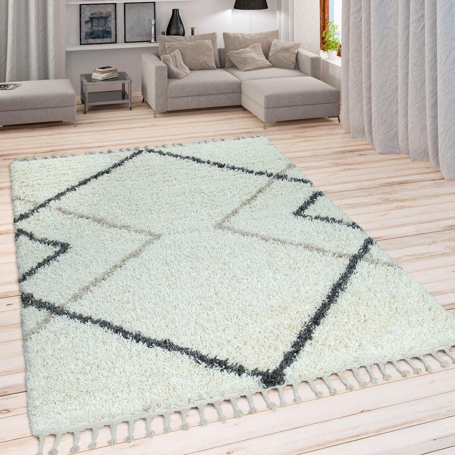 Paco Home Hochflor-Teppich »Helsinki 530«, rechteckig, 45 mm Höhe, weicher Hochflor-Shaggy, Scandi Design, mit Fransen