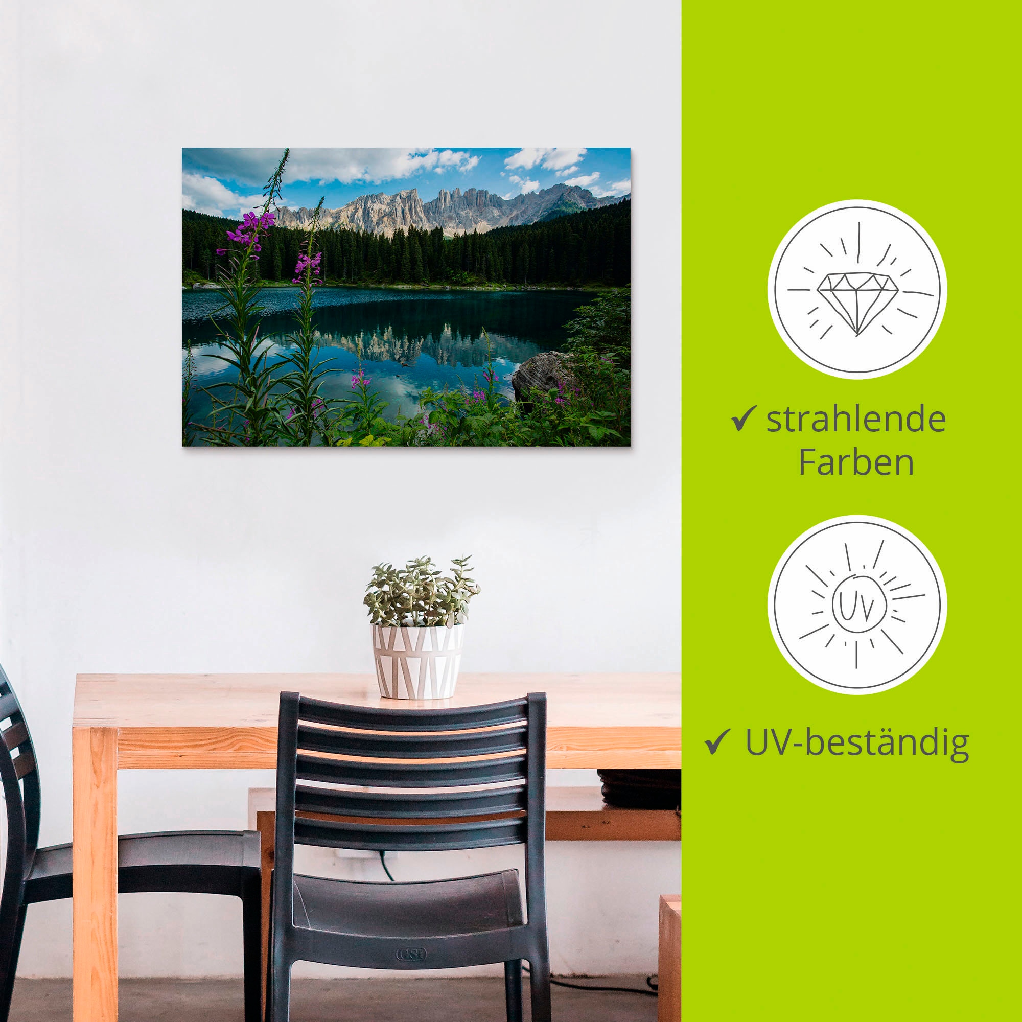 Artland Alu-Dibond-Druck »Berge Latemar spiegeln sich im Karersee«, Seebilder, (1 St.), für Innen- und Außenbereich geeignet, Outdoorbild