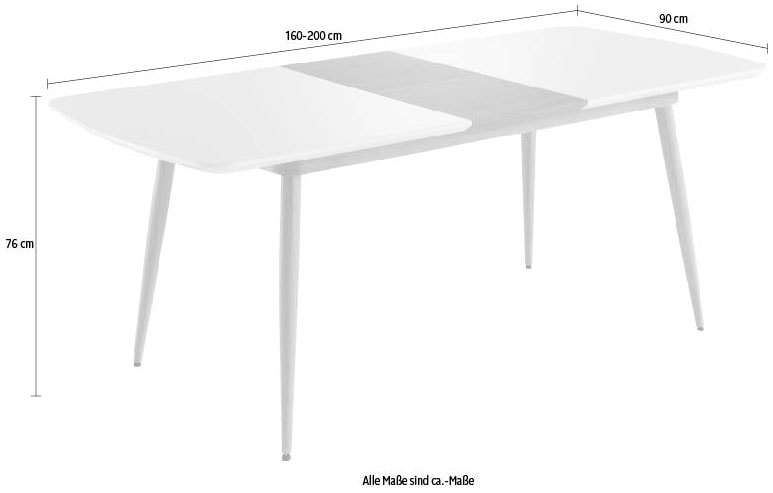 INTER-FURN Esstisch »Bozen«, (1 St.), ausziehbar 160 bis 200 cm, Tischplatte Weiß Lack, Metallgestell