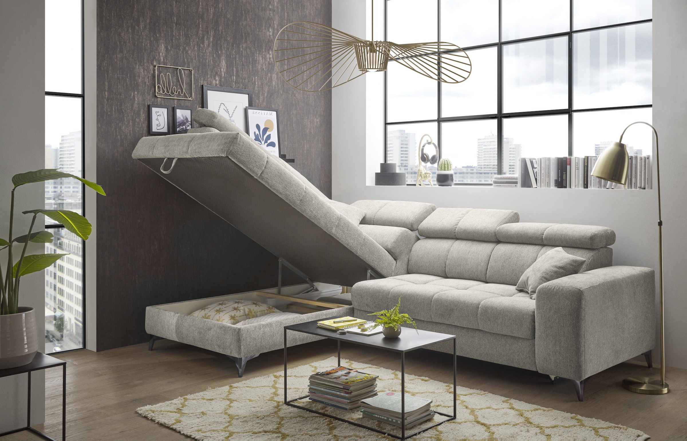 ED EXCITING DESIGN Ecksofa »Sydney L-Form«, mit Bettfunktion, Bettkasten, Kopfteilverstellung & 2 Zierkissen